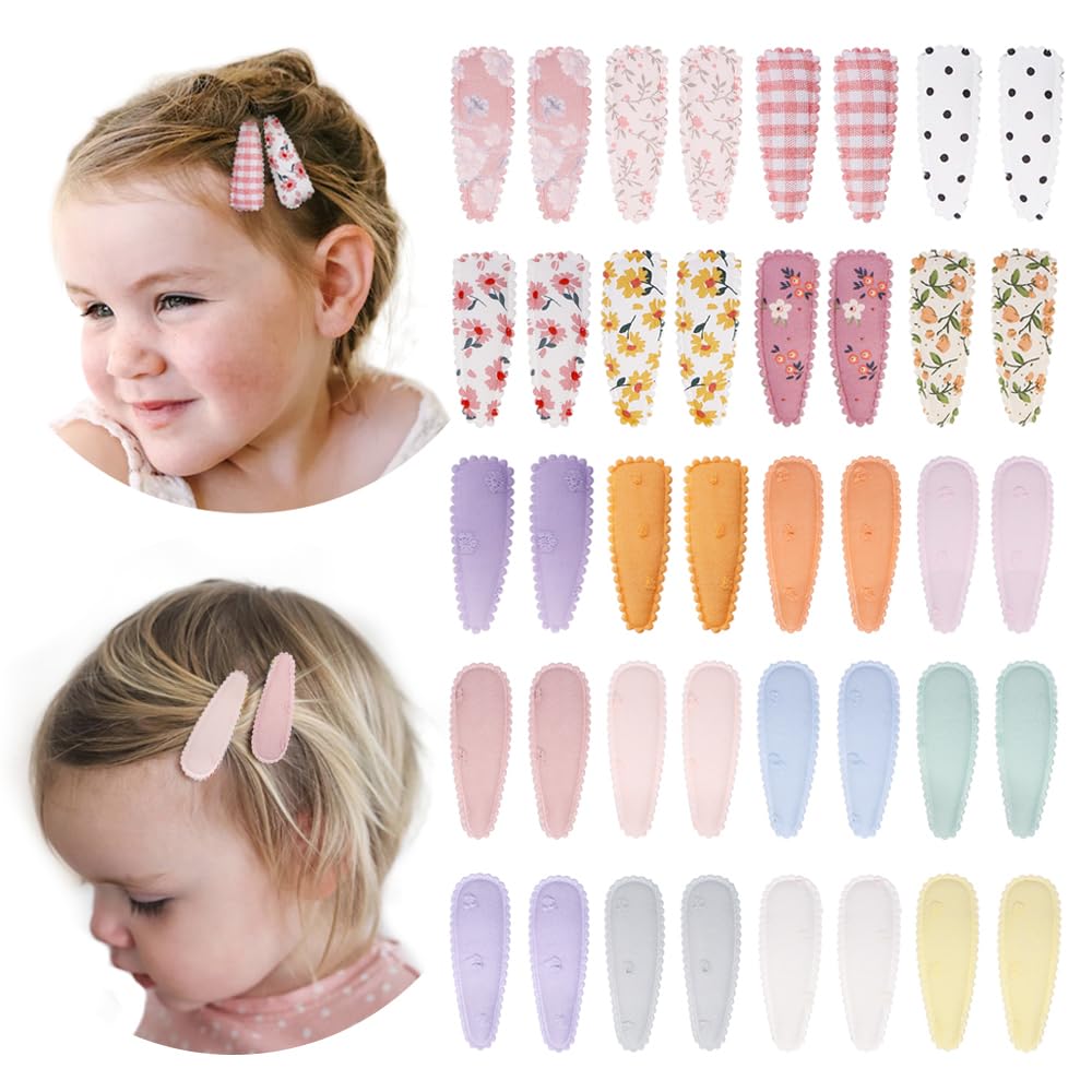40 Pcs Floral Print Non-Slip Snap Hair Clips for Toddler Girls - Soft Wrapped Barrettes Hair Accessories for Baby & Kids (Pink) - Perfect for School, Parties & Daily Styling