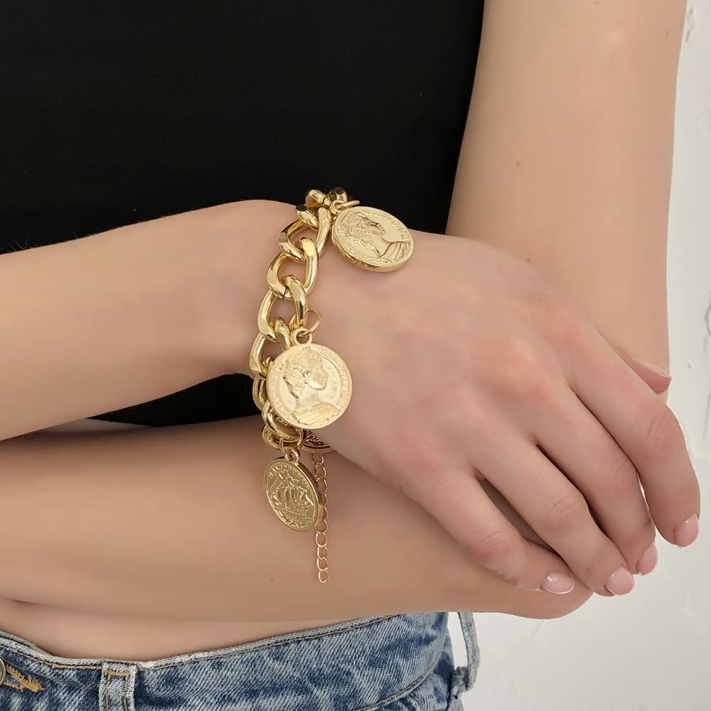 Chunky Chain Bracelet for Women - Punk Cuban Curb Link Bracelet with Golden Coin Charm | Stylish Statement Jewelry for Casual Outfits, Parties & Everyday Wear
