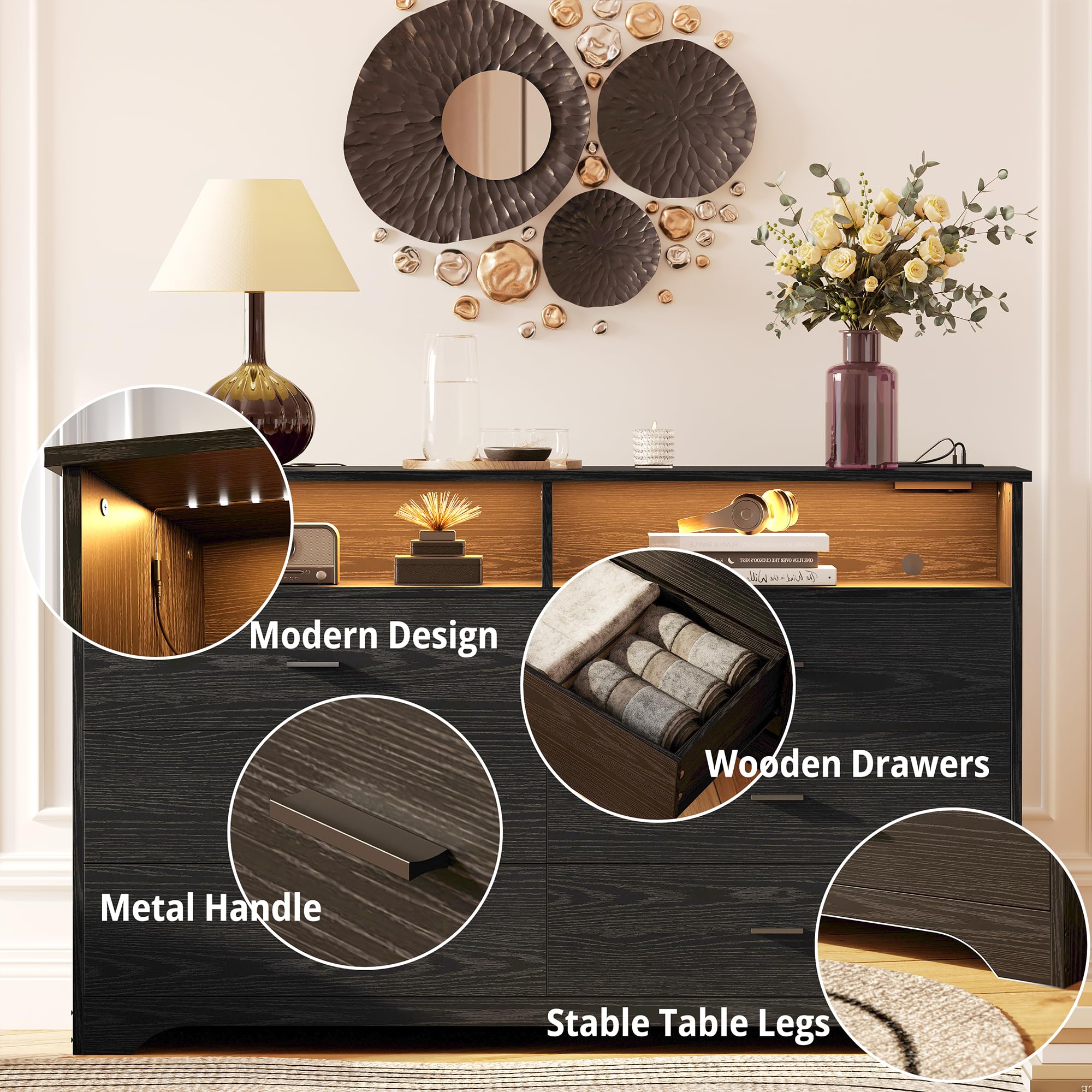 LIKIMIO 6-Drawer 59-Inch Black Dresser with LED Lights & Built-in Power Outlet - Modern Bedroom Storage Cabinet with Ample Space for Clothes, Accessories | Perfect for Master Bedroom, Guest Room & Dorm Organization