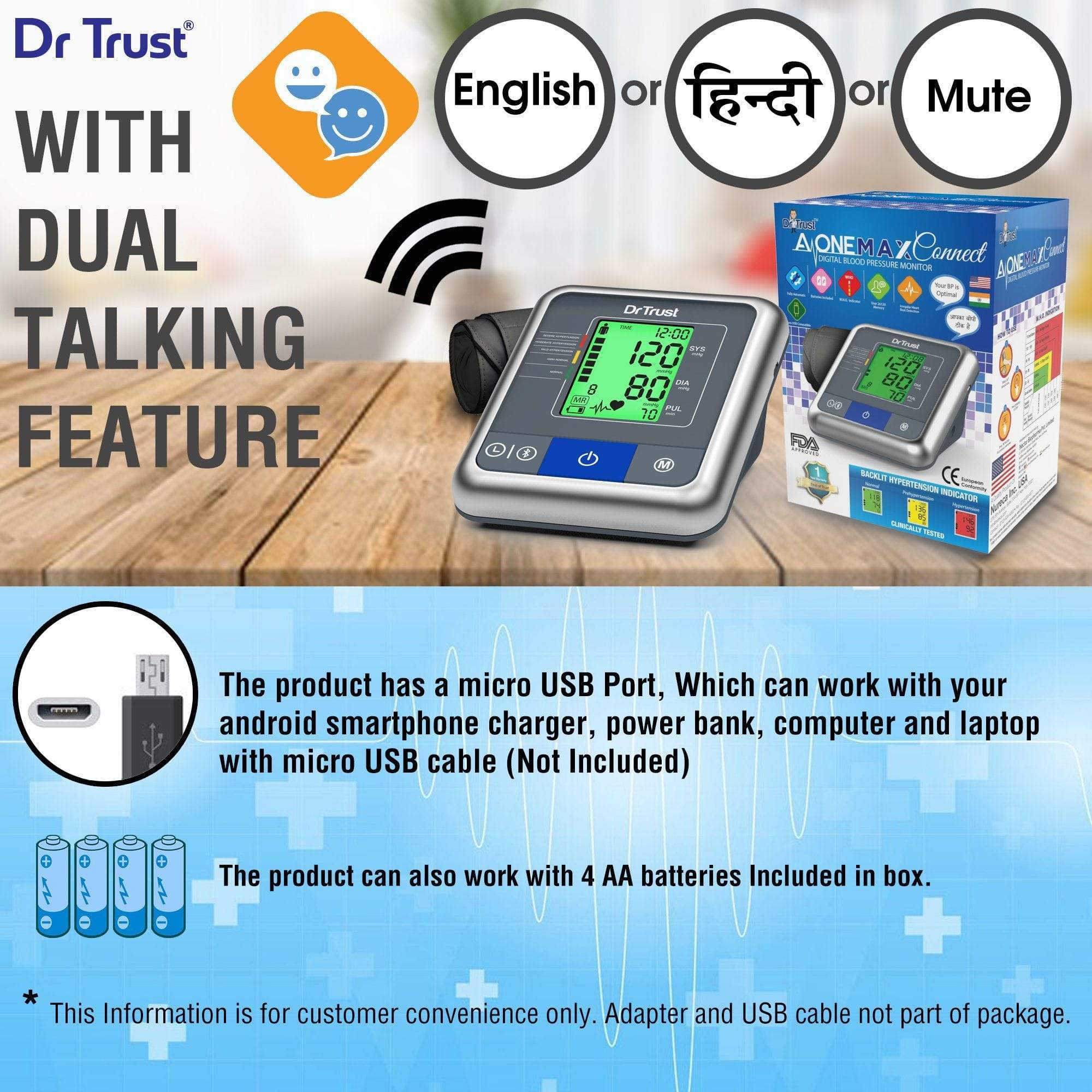 Dr Trust USA A One Max Connect Bluetooth Blood Pressure Monitor - Accurate Digital BP Machine with Smartphone App - Ideal for Home Health Monitoring & Heart Care