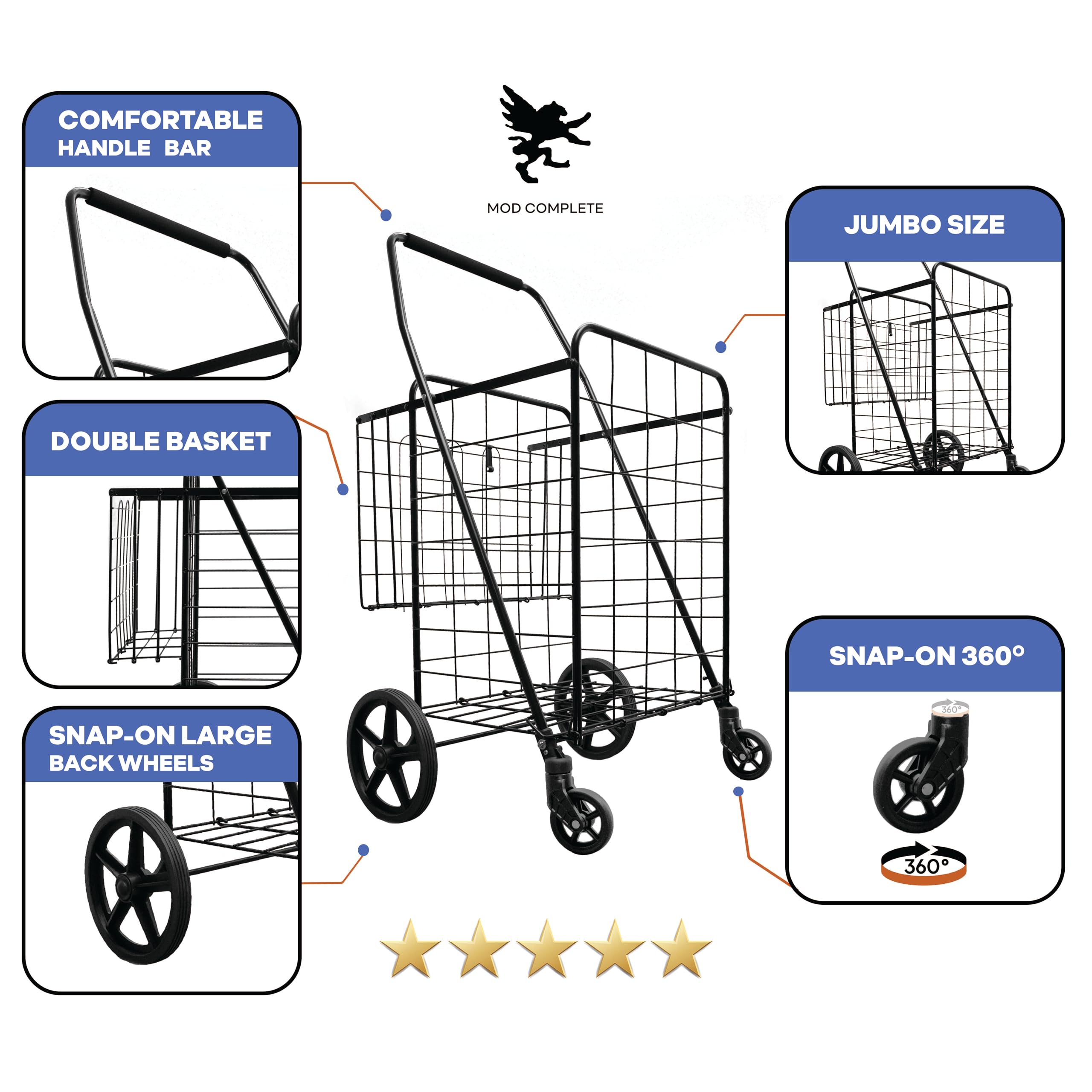 Jumbo XXL Folding Shopping Cart with 360° Swivel Wheels - Heavy-Duty Double Basket Grocery Cart for Supermarket, Laundry & Storage - Black Model S-2777 | Ideal for Seniors, Apartment Dwellers & Bulk Shopping