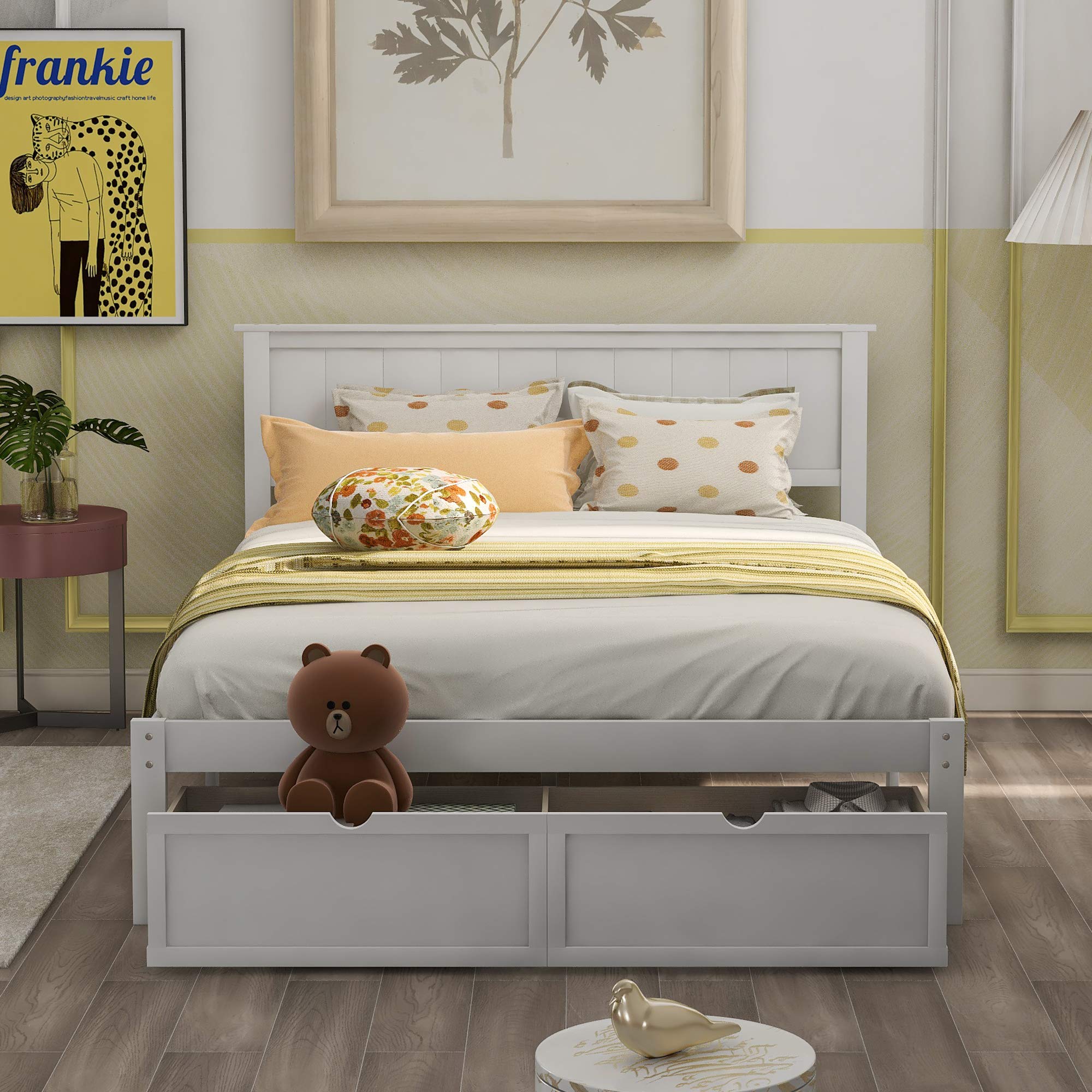 Rhomtree Wood Bed Frame with Storage Drawers - Platform Bed for Small Spaces, Easy Assembly (White, Full) - Perfect for Apartments & Guest Rooms