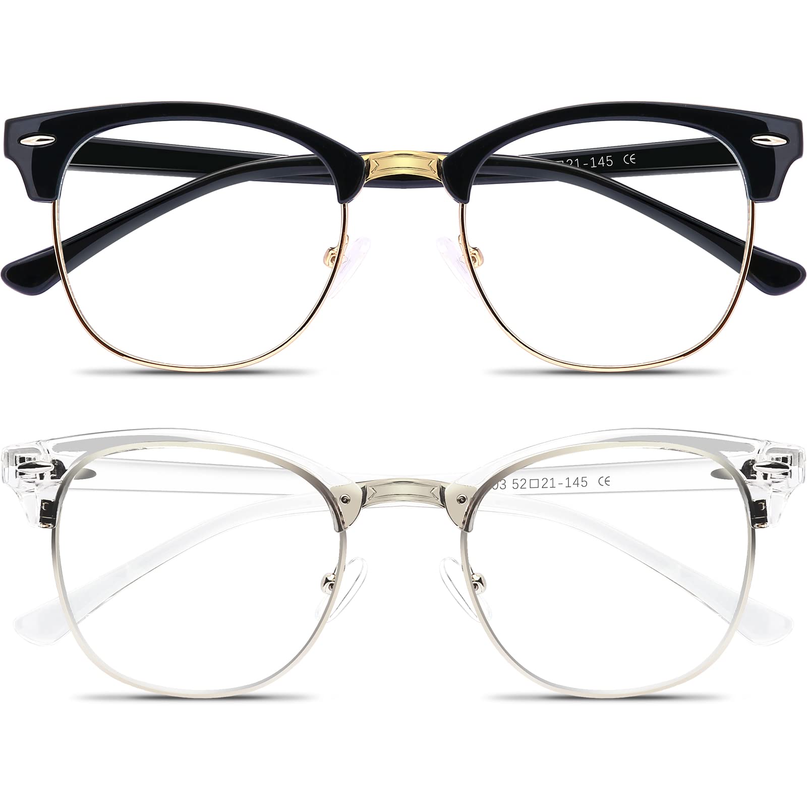 Blue Light Blocking Glasses 2 Pack - Fashion Round Half Frame Computer Gaming Glasses for Men & Women - Reduce Eye Strain for Work, Gaming, Reading & Watching TV