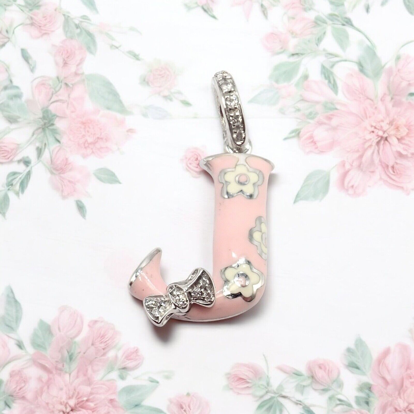 Aaron Basha 18K White Gold Diamond Pink Enamel Baby J Initial Charm Pendant - Elegant Personalized Jewelry Gift for Newborns, Christening & Baby Showers