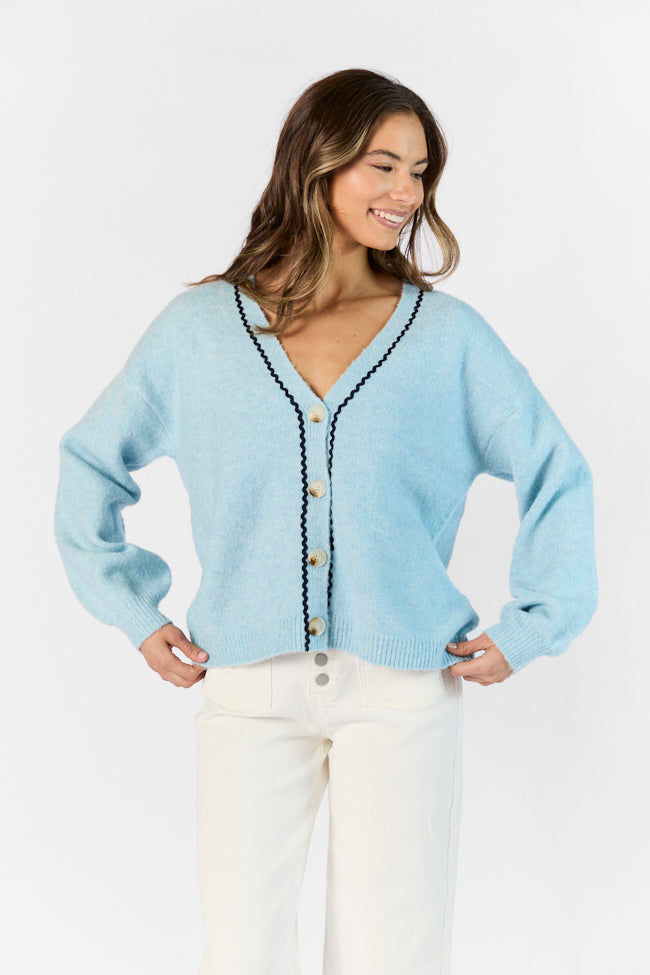 Elegant Blue and Navy Rickrack Trim Cardigan for Women | Cozy Knit Sweater | Perfect for Fall & Winter Layering | Office, Casual & Date Night Outfits