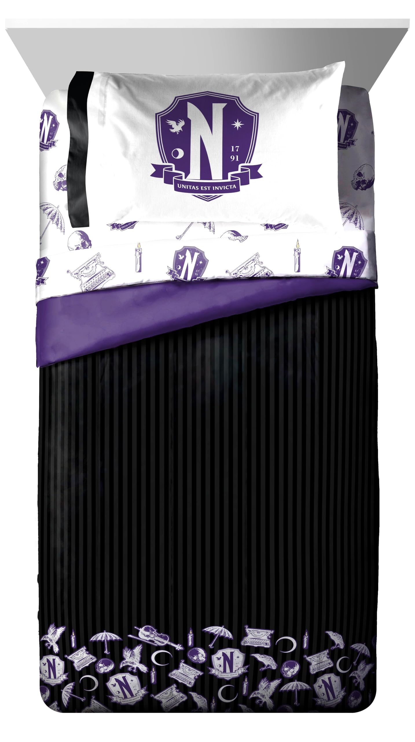Wednesday Addams Twin Comforter Set - 5 Piece Bedding with Sheets & Pillowcases - Black & Grey Striped Super Soft Kids Bedding for Boys & Girls - Perfect for Halloween, Gothic Room Decor or Addams Family Themed Bedrooms
