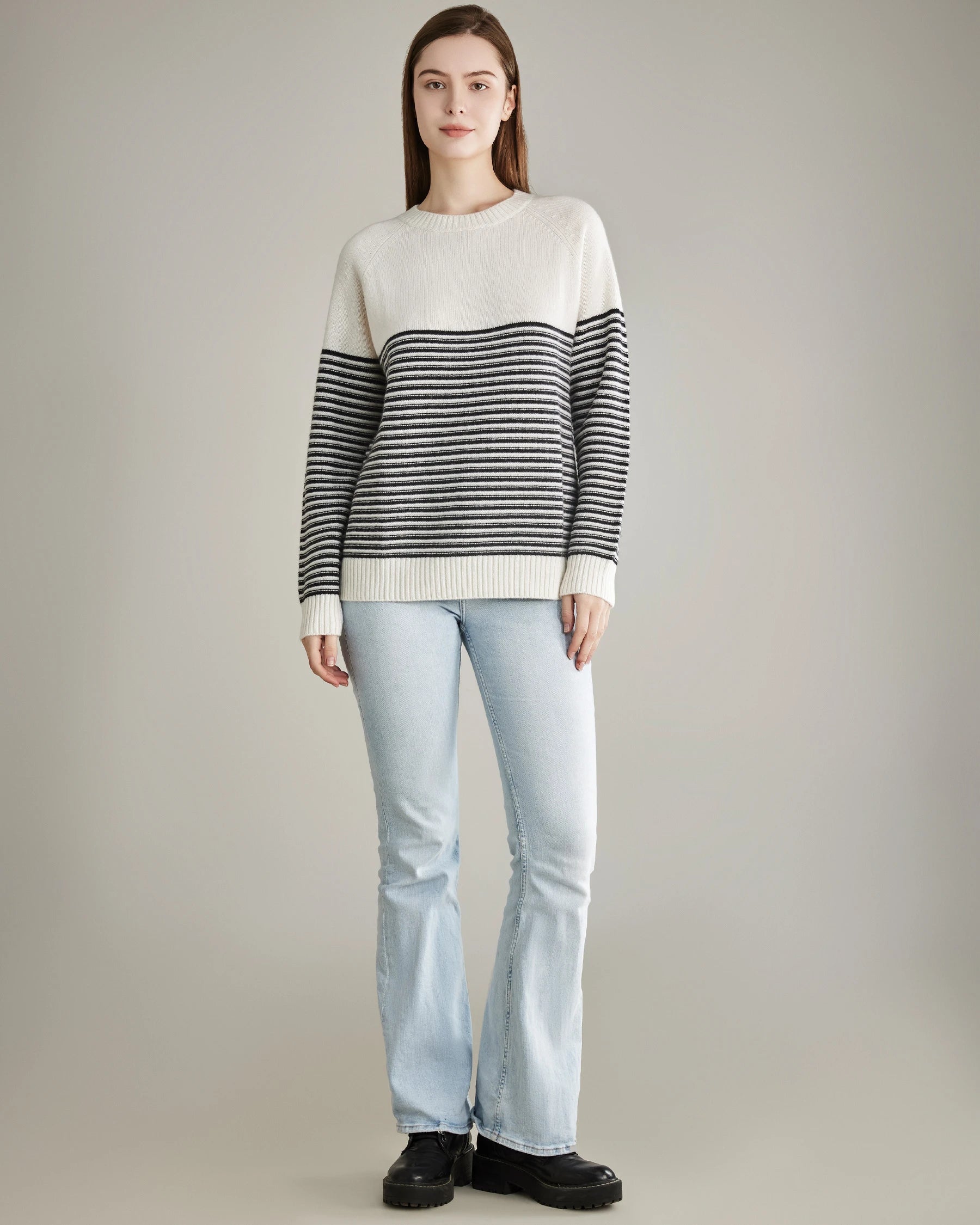 Luxury Striped Crewneck Cashmere Sweater for Women - Soft & Warm Winter Pullover - Perfect for Office, Travel & Casual Outfits