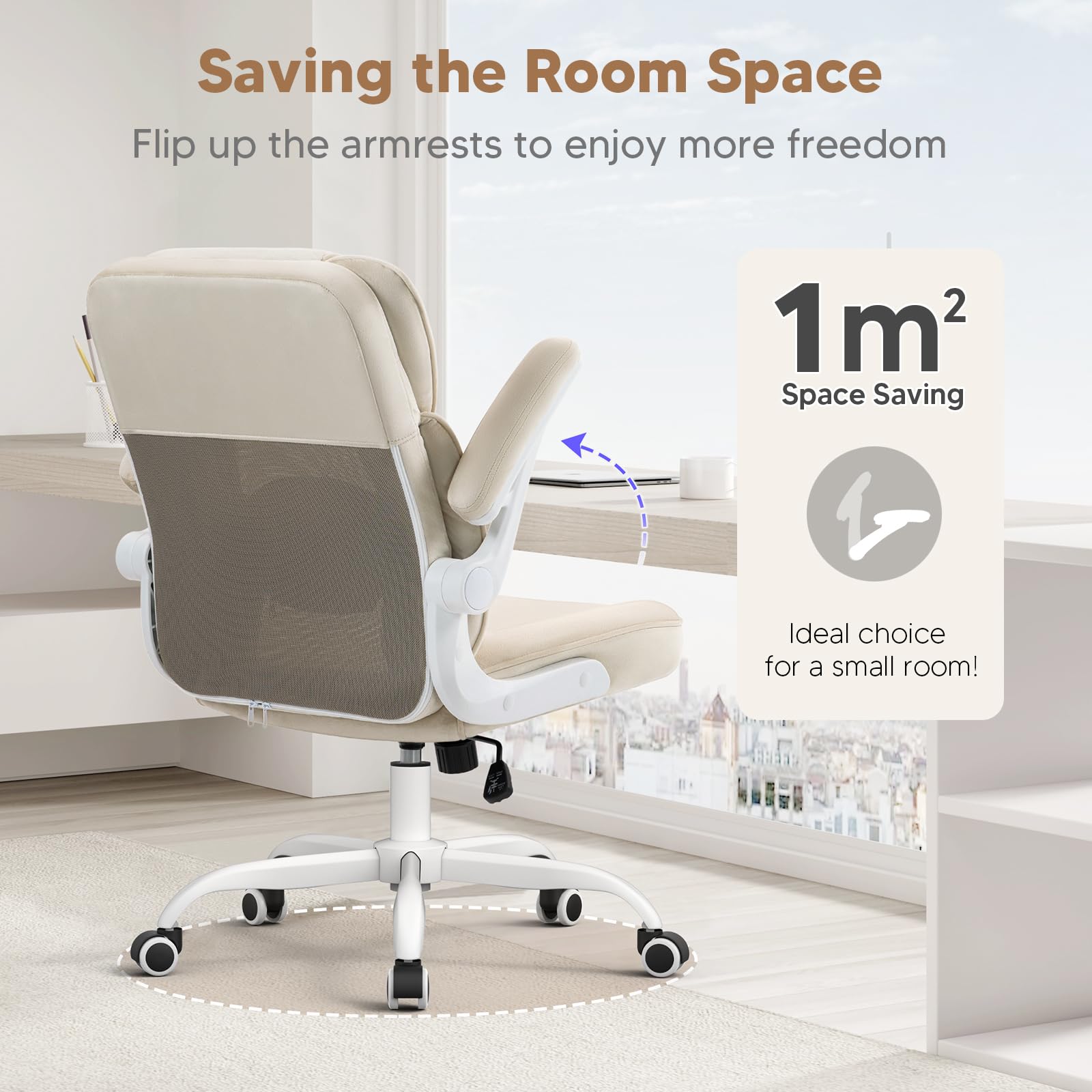 SEATZONE Beige Ergonomic Office Chair with Wheels - Mesh Back & Velvet Fabric Desk Chair for Teens & Adults - Perfect for Home Office, Study & Gaming