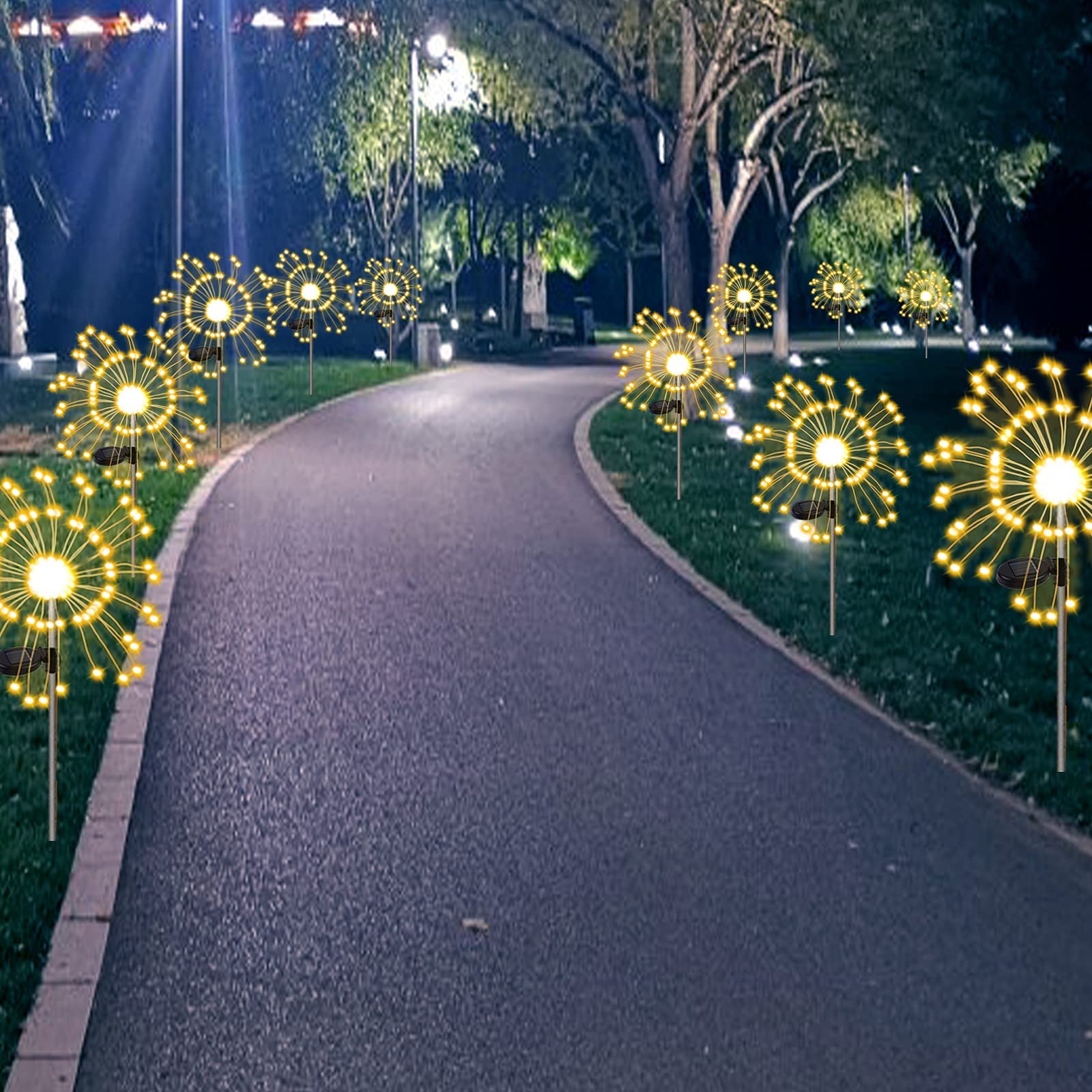 XVZ Solar Garden Lights - 2 Pack 120 LED Solar Powered Firework Lights with 2 Modes, Waterproof Outdoor Decorative Lighting for Walkway, Pathway, Backyard, Christmas & Party Decor (Warm White) - Perfect for Landscape Lighting, Patio Ambiance & Holiday Celebrations