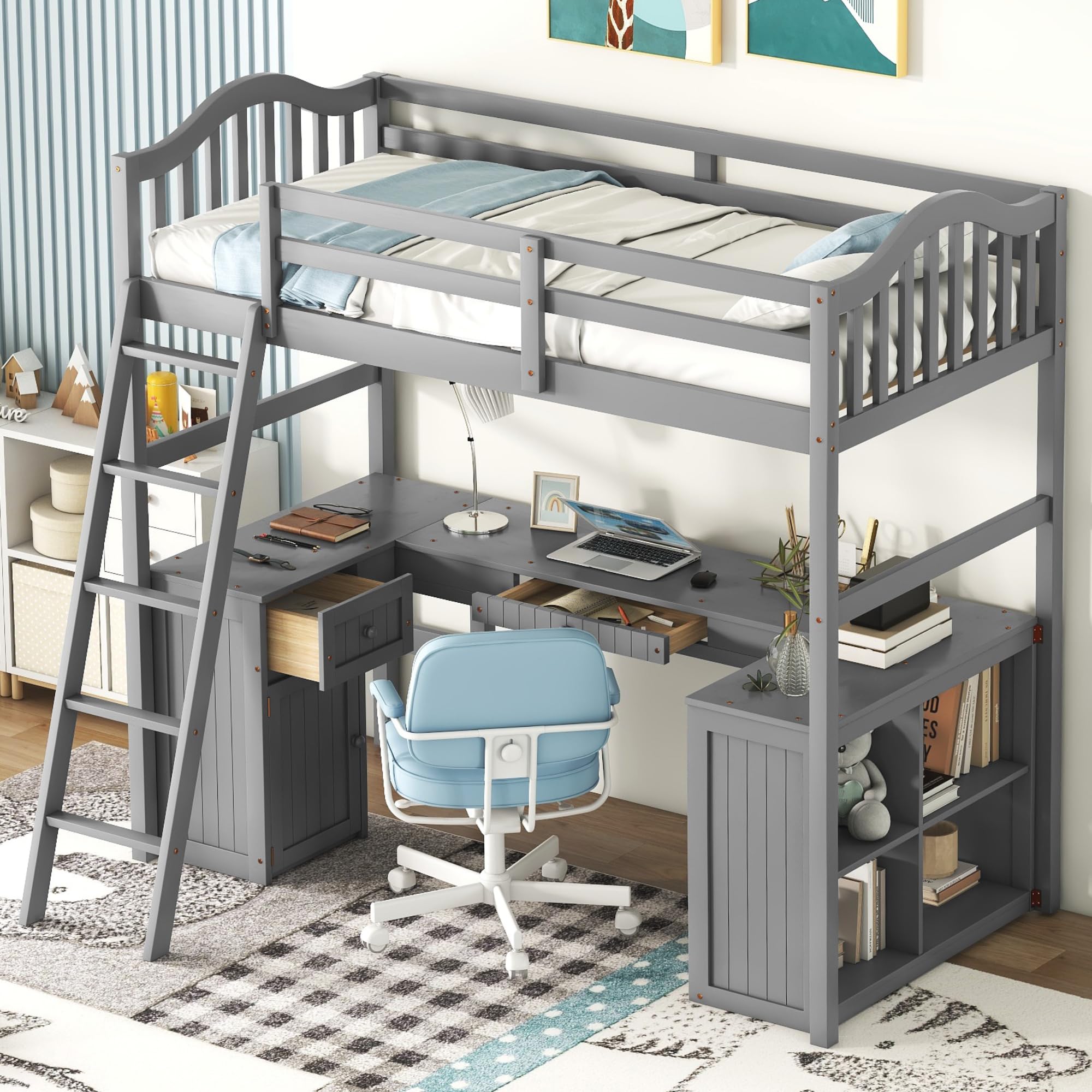 Twin Loft Bed with Desk, Drawer & Cabinet - Sturdy Wood Loft Bed with Bookcase Shelves for Kids, Teens & Adults - Space-Saving Dorm Furniture for Small Rooms (Gray) - Perfect for Bedrooms, Apartments & College Dorms