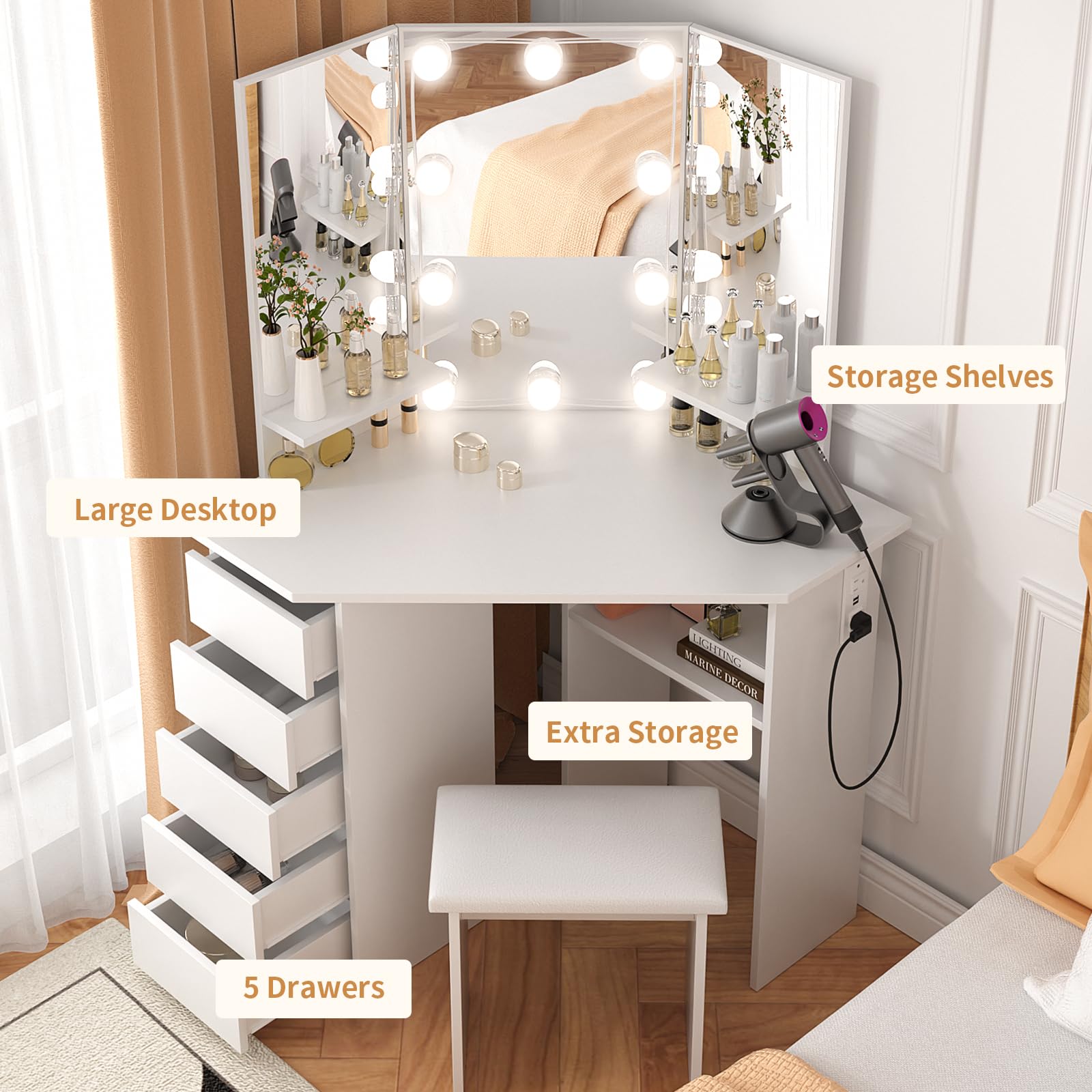 VOWNER Lighted Vanity Desk with Power Outlet & Stool - Adjustable 3-Color LED Mirror with Brightness Control, 5 Sliding Drawers & Storage Shelves - White Makeup Dressing Table for Bedroom, Home Salon & Beauty Room Organization