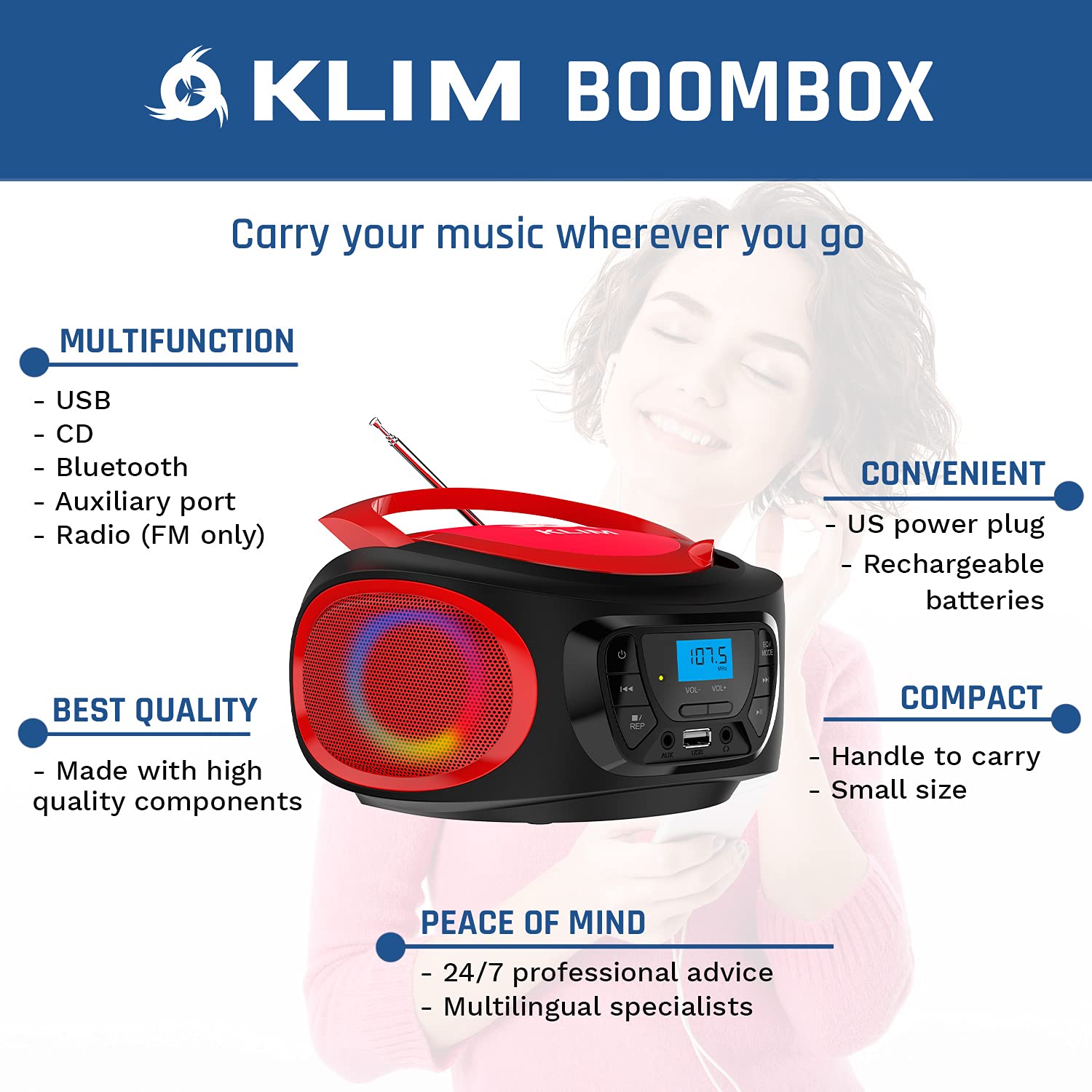KLIM Boombox Portable Bluetooth Speaker with FM Radio, CD Player, MP3 & USB Playback - Rechargeable Battery, Wired/Wireless Modes - Compact Sturdy Design (Red) - Perfect for Outdoor Parties, Beach Trips & Home Entertainment