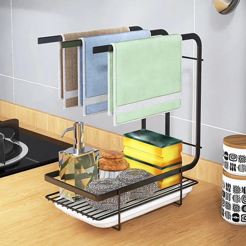 MosQuick® Heavy-Duty Stainless Steel 3-Bar Sink Caddy with Drain Tray - Sponge Holder, Kitchen Towel Rack & Soap Stand - Perfect for Organizing Kitchen Sink Accessories (Black) - Ideal for Small Kitchen Spaces, Apartment Living & RV Use