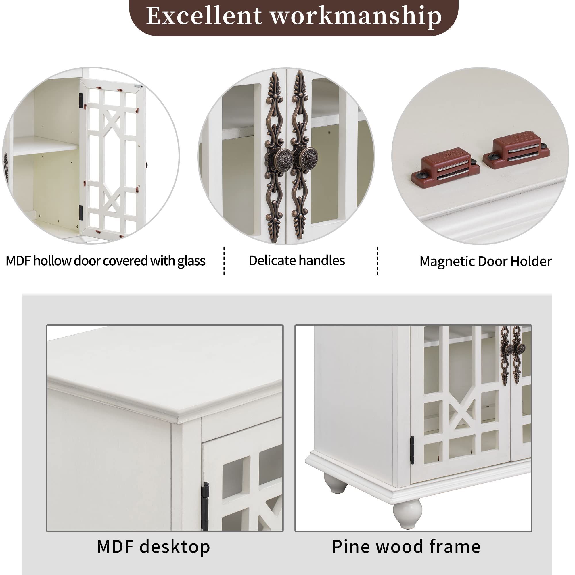 Elegant Glass Door Sideboard Buffet Cabinet - Long Bar Table Buffet Server with Adjustable Shelf, Retro Handles, Accent Storage Cabinet - Perfect for Living Room, Dining Room & Kitchen Storage Solution