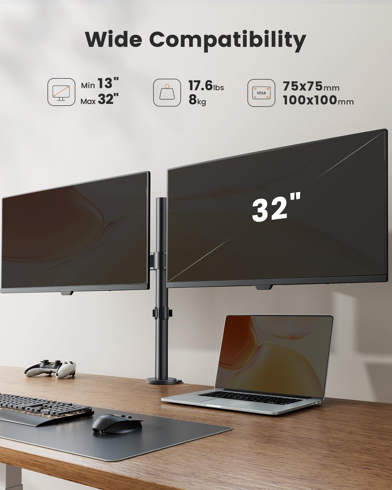 ErGear Dual Monitor Stand - Heavy Duty Adjustable Desk Mount for 2 Screens up to 32 Inches | Fully Adjustable Height, Tilt, Swivel & Rotation | Supports 17.6 lbs per Arm | Easy Installation | Perfect for Home Office & Gaming Setup