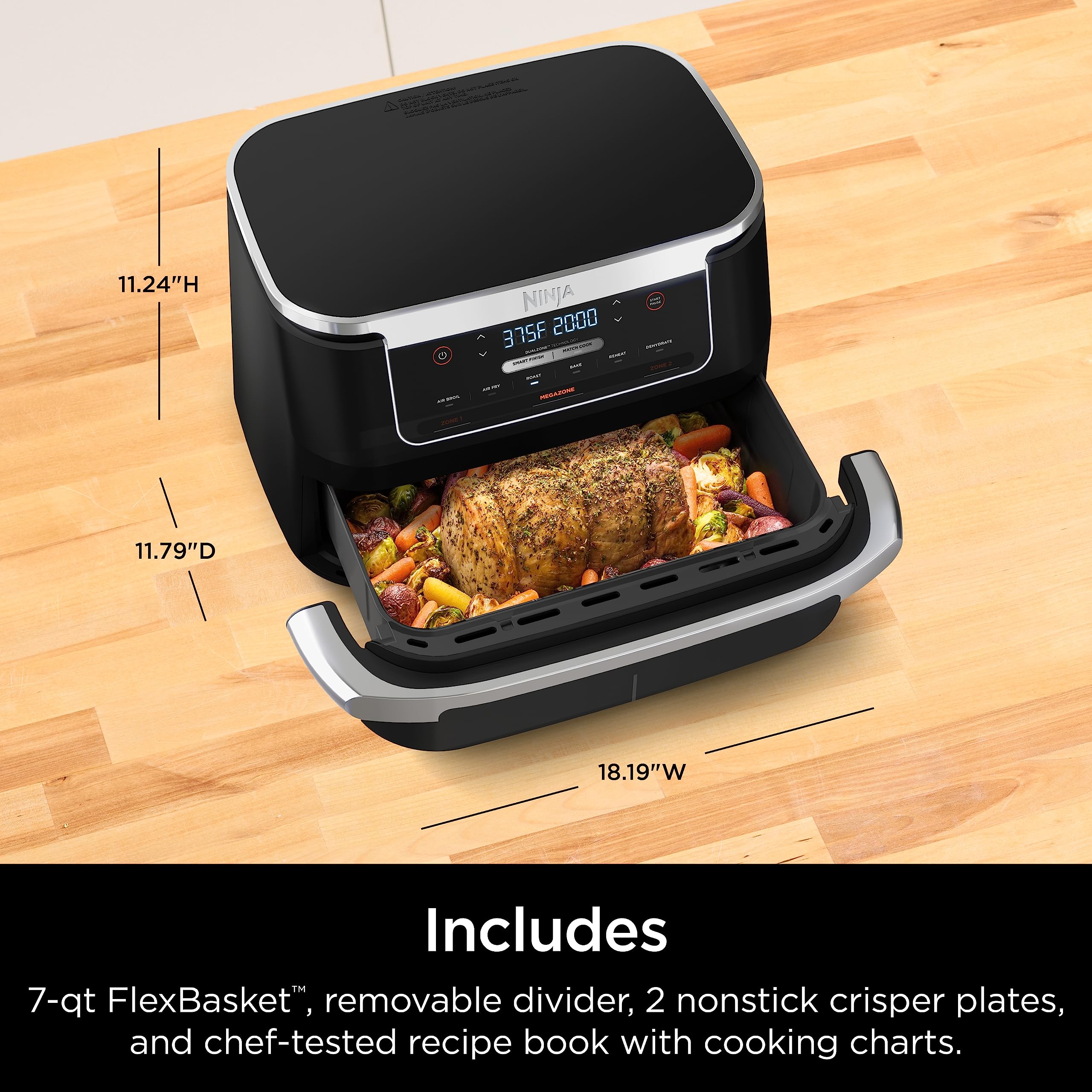 Ninja DZ071 Foodi 6-in-1 FlexBasket Air Fryer with 7-QT MegaZone & Basket Divider - Large Capacity for Family Meals, Smart Finish Technology to Cook 2 Foods 2 Ways - Air Fry, Roast, Bake, Dehydrate - Perfect for Holiday Dinners, Weeknight Meals & Healthy Cooking (Black)