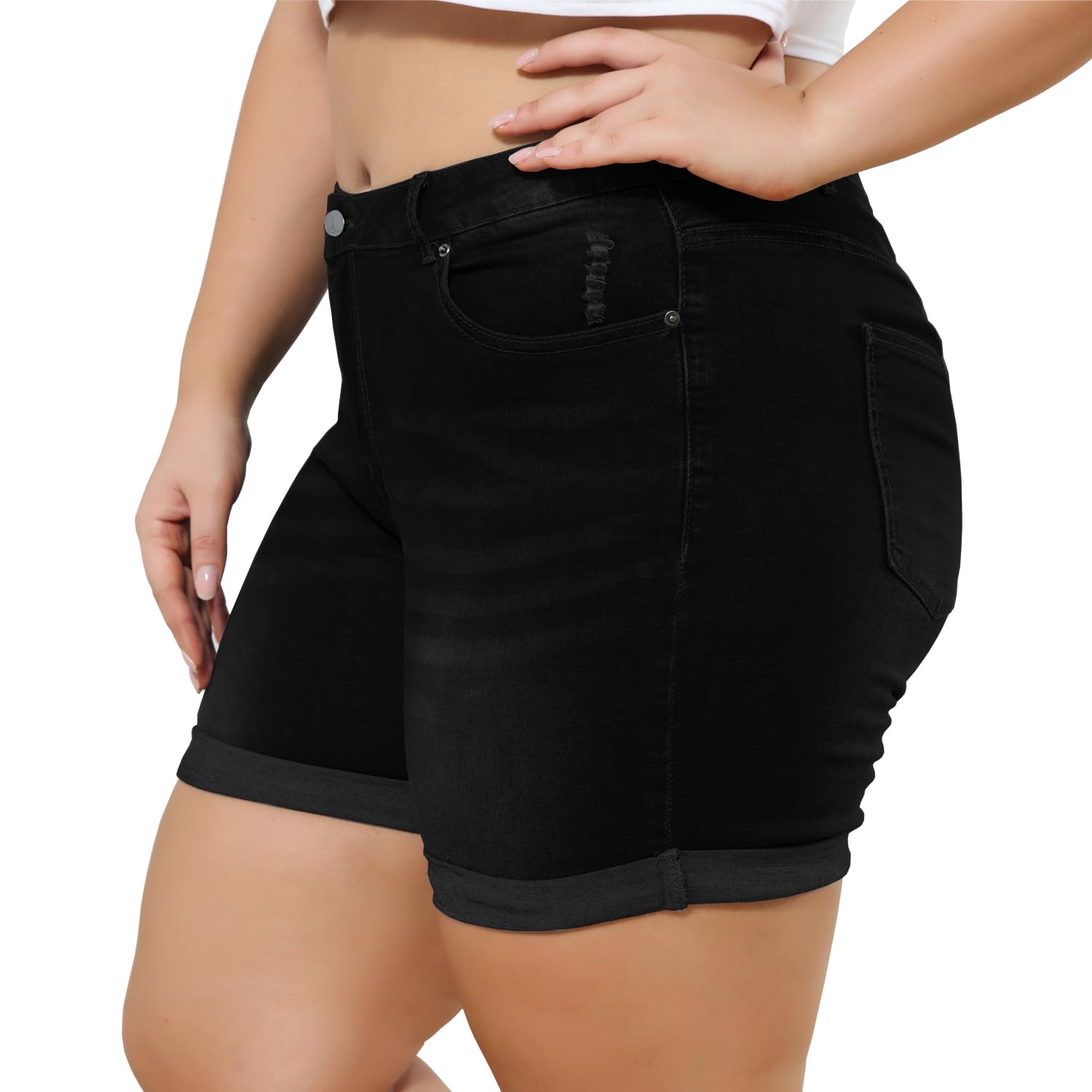 Plus Size Women's Ripped Denim Jean Shorts - High Waisted Stretchy Folded Hem Denim Shorts for Casual Wear & Summer Outfits