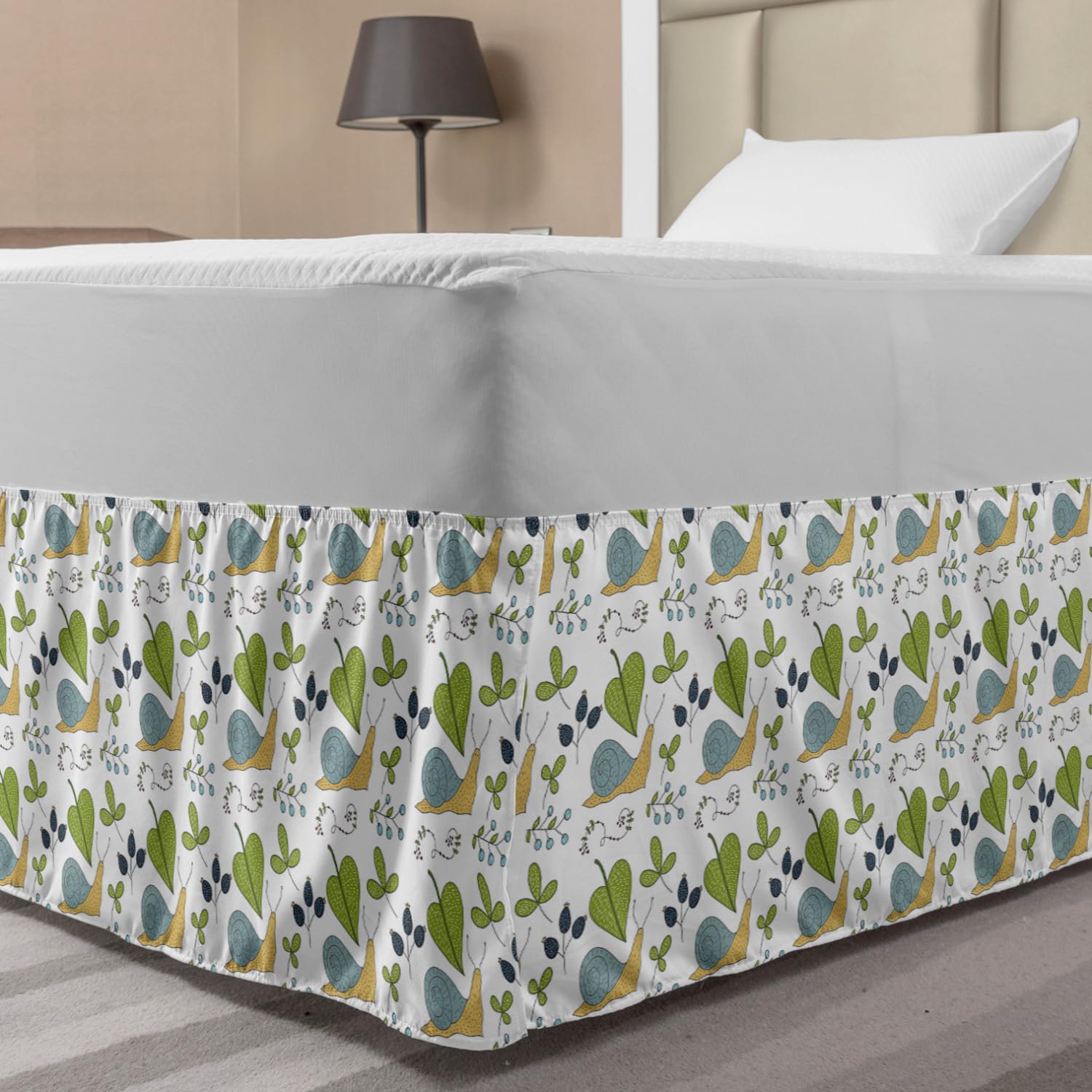 Ambesonne Snails Bed Skirt - Botanical Leaves & Snails Design, Elastic Wrap Around Dust Ruffle Bedskirt for Twin/Twin XL Beds - White Multicolor - Perfect for Home Decor, Guest Rooms & Bedroom Makeovers