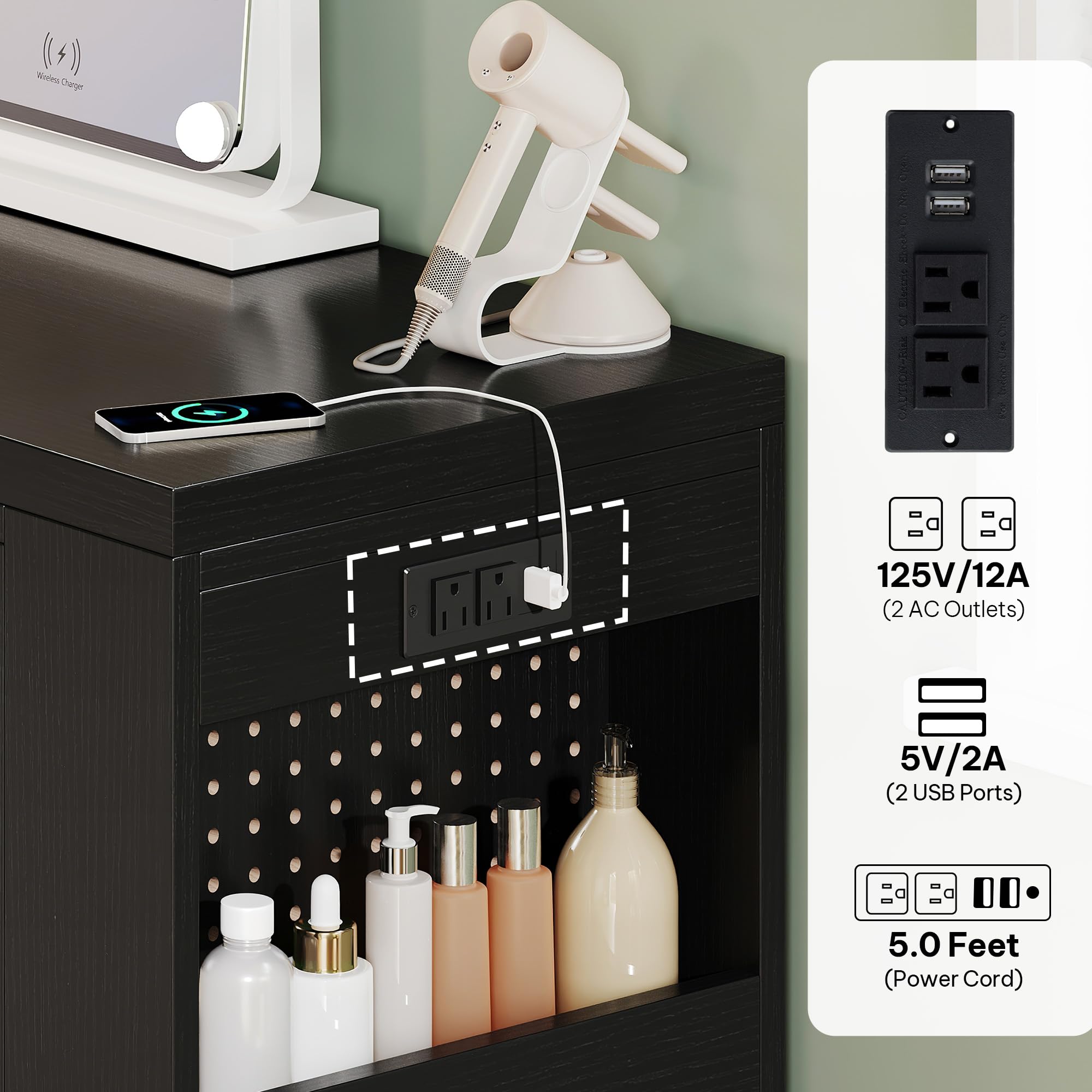 DWVO Vanity Table with RGB Lights - 360° Rotatable LED Makeup Dresser with 6 Drawers, Storage Cabinet & USB Charging Station | Modern Bedroom Vanity Desk & Executive Computer Workspace Desk in Black | Perfect for Makeup Organization, Home Office & Small Space Decor