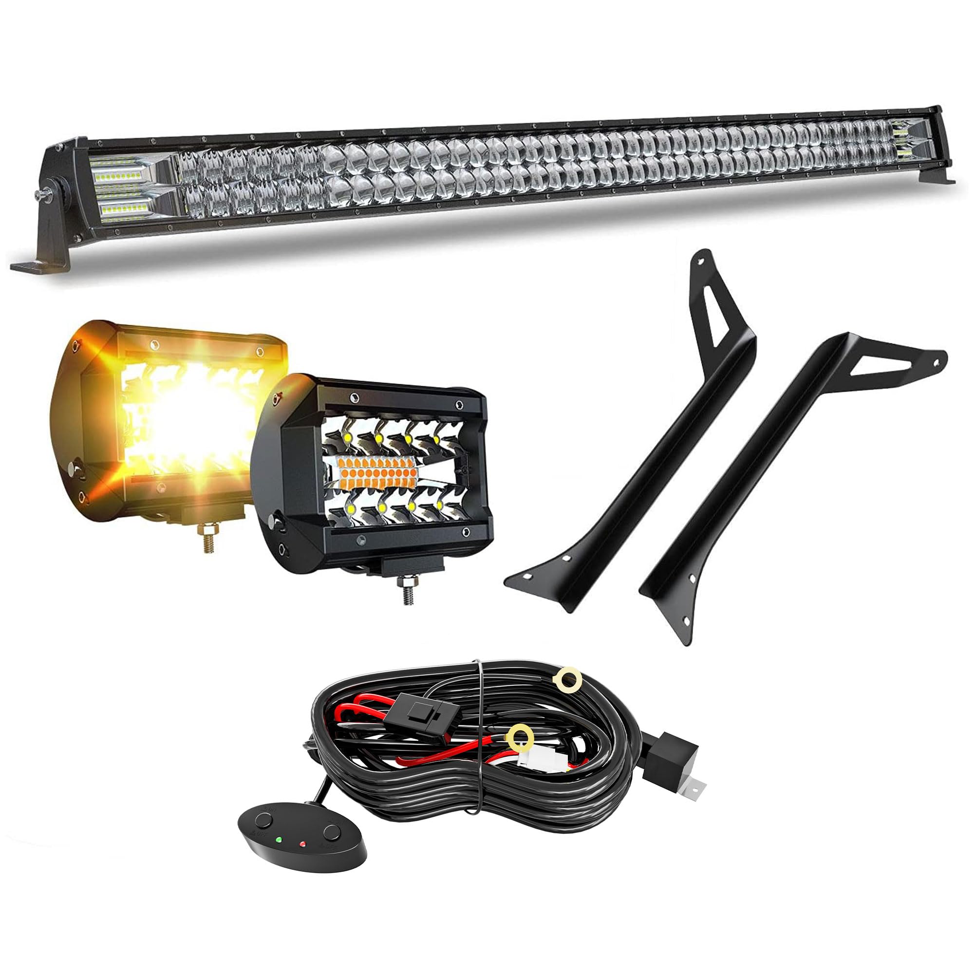 5D 52-Inch LED Light Bar with 4-Inch White/Amber LED Pods - Strobe Fog Light, Spot & Flood Combo for Off-Road - Universal Windshield Mount & Wiring Harness - Fits 1987-1995 Jeep Wrangler YJ - Perfect for Night Driving, Off-Roading & Emergency Vehicles