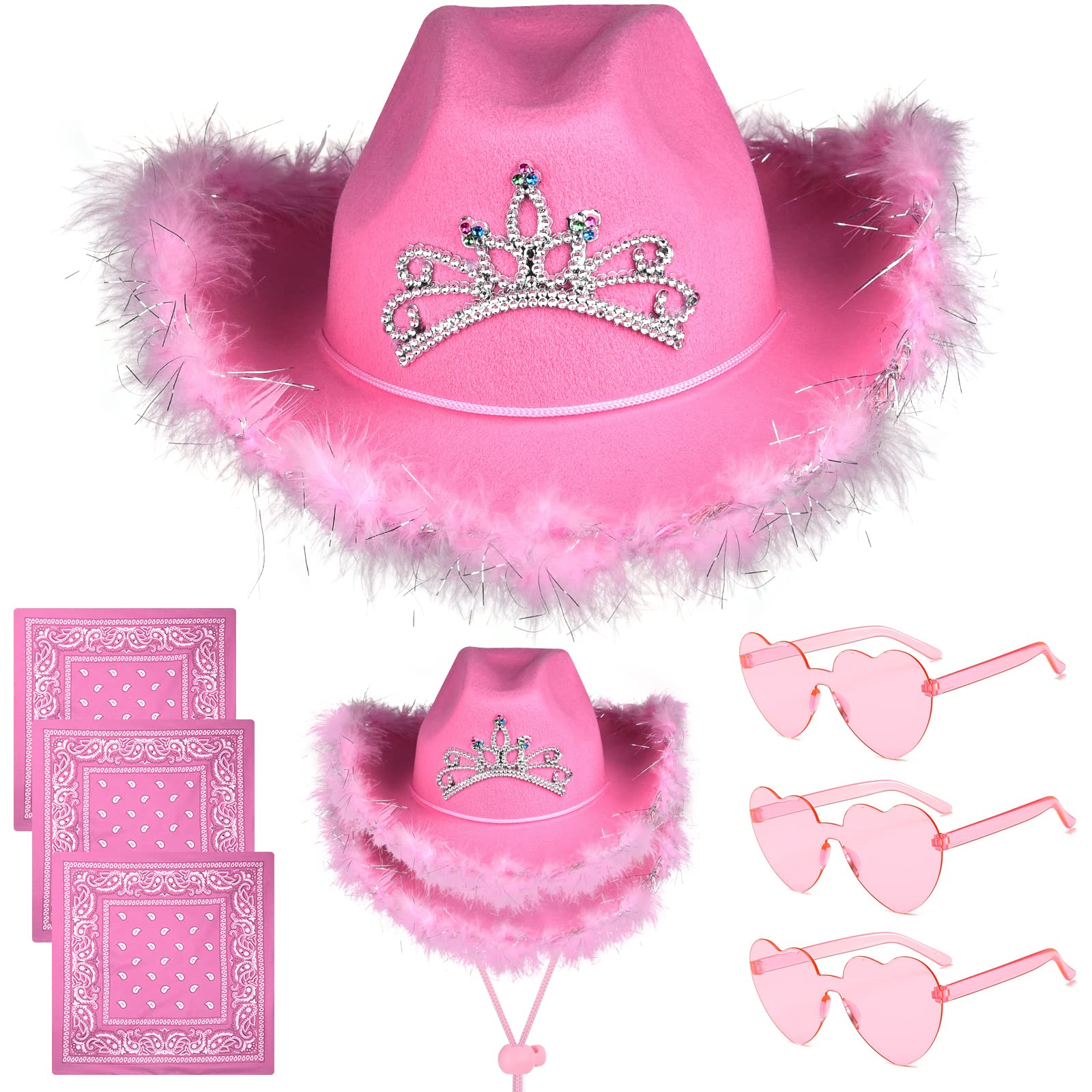 KUUQA 9-Piece Pink Cowgirl Hat Set with Heart Sunglasses & Bandanas - Western Cowboy Party Accessories for Women, Bachelorette, Halloween & Country Themed Events