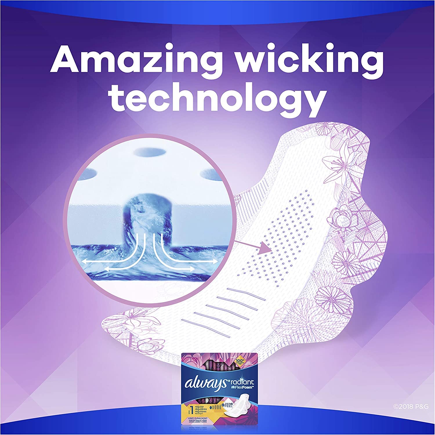 Always Radiant Pads with Wings, Scented - Ultra Thin & Comfortable Sanitary Pads for Women (Pack of 6) | Perfect for Day & Night Use, Active Lifestyle & Heavy Flow Protection