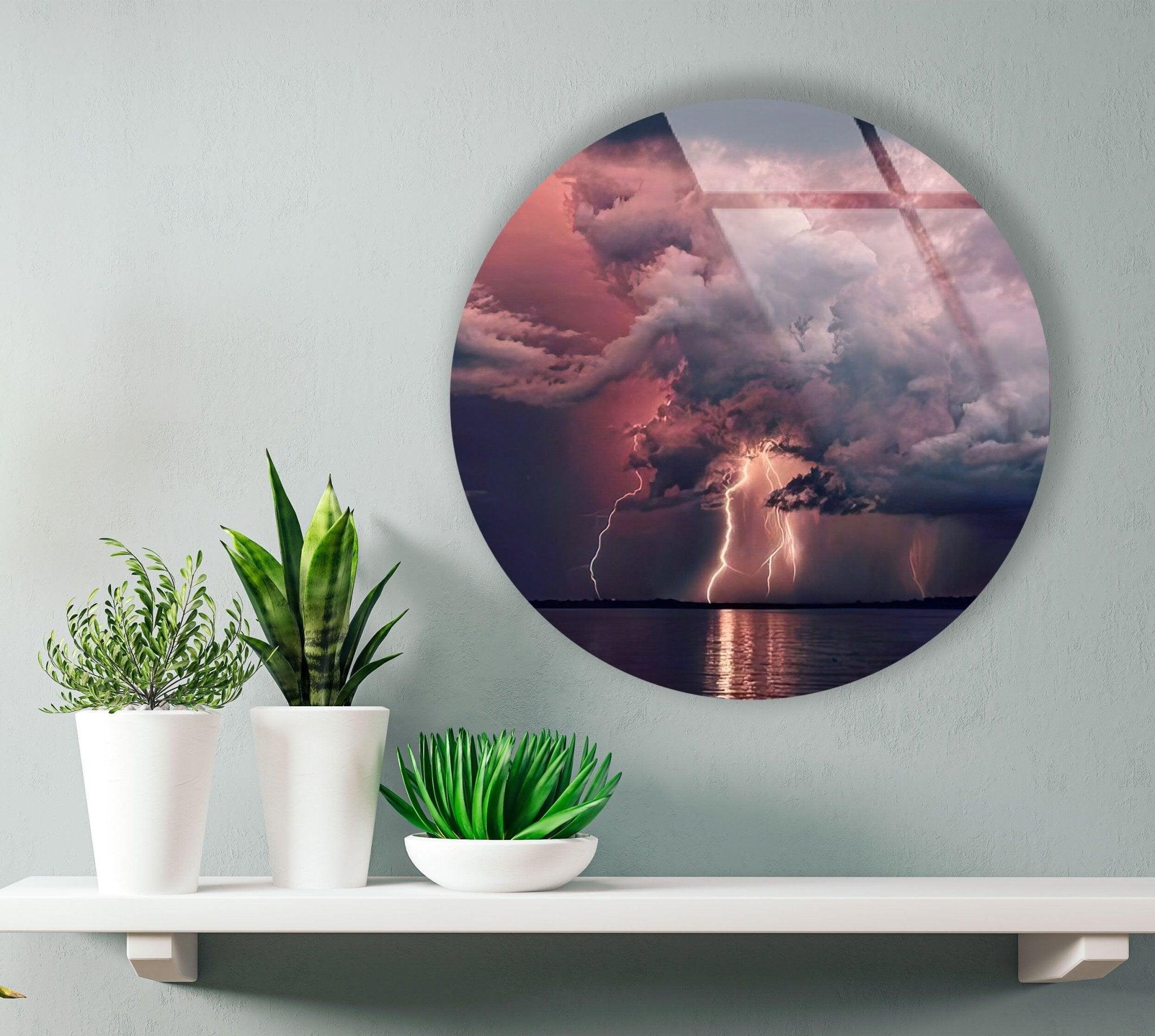 Abstract Round Lightning Glass Wall Art - Modern Home Decor for Living Room, Bedroom & Office - Shatterproof & UV Resistant - Perfect for Gifts & Interior Design