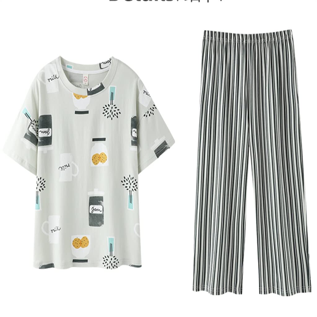 TJLSS Women's Summer Cotton Pajama Set - Short Sleeve Cropped Pants, Breathable & Lightweight Sleepwear for Plus Size (XXL) | Perfect for Home Lounging, Nighttime Comfort & Vacation Relaxation (Color A)