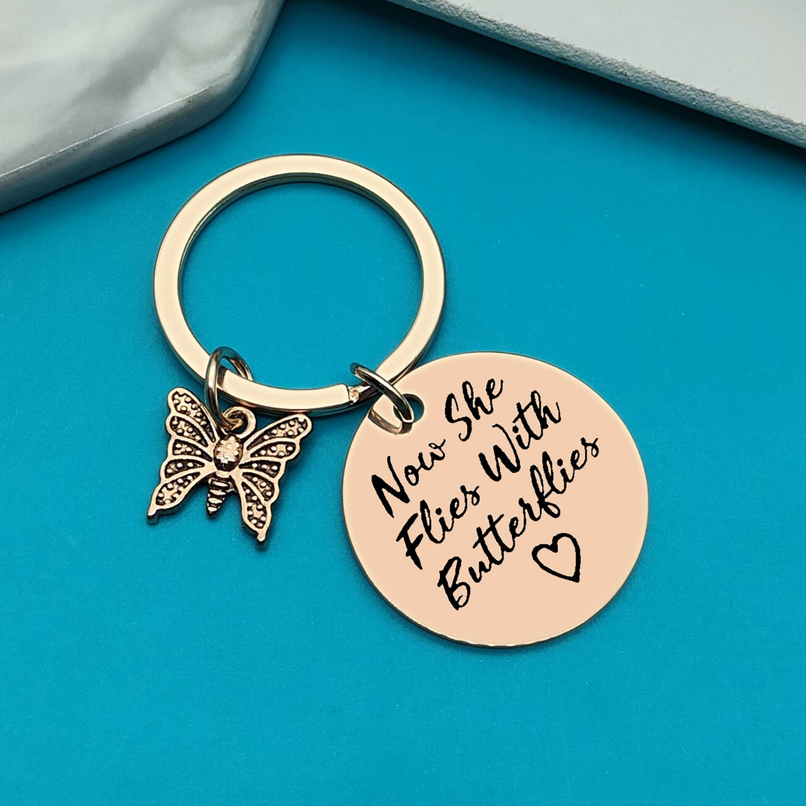Butterfly Memorial Keychain - Sympathy Gift for Loss of Loved Ones (Mother, Grandma, Wife, Sister, Daughter, Friend) - Now She Flies with Butterflies Keepsake - Perfect for Remembrance, Funeral, or Comforting Grieving Loved Ones