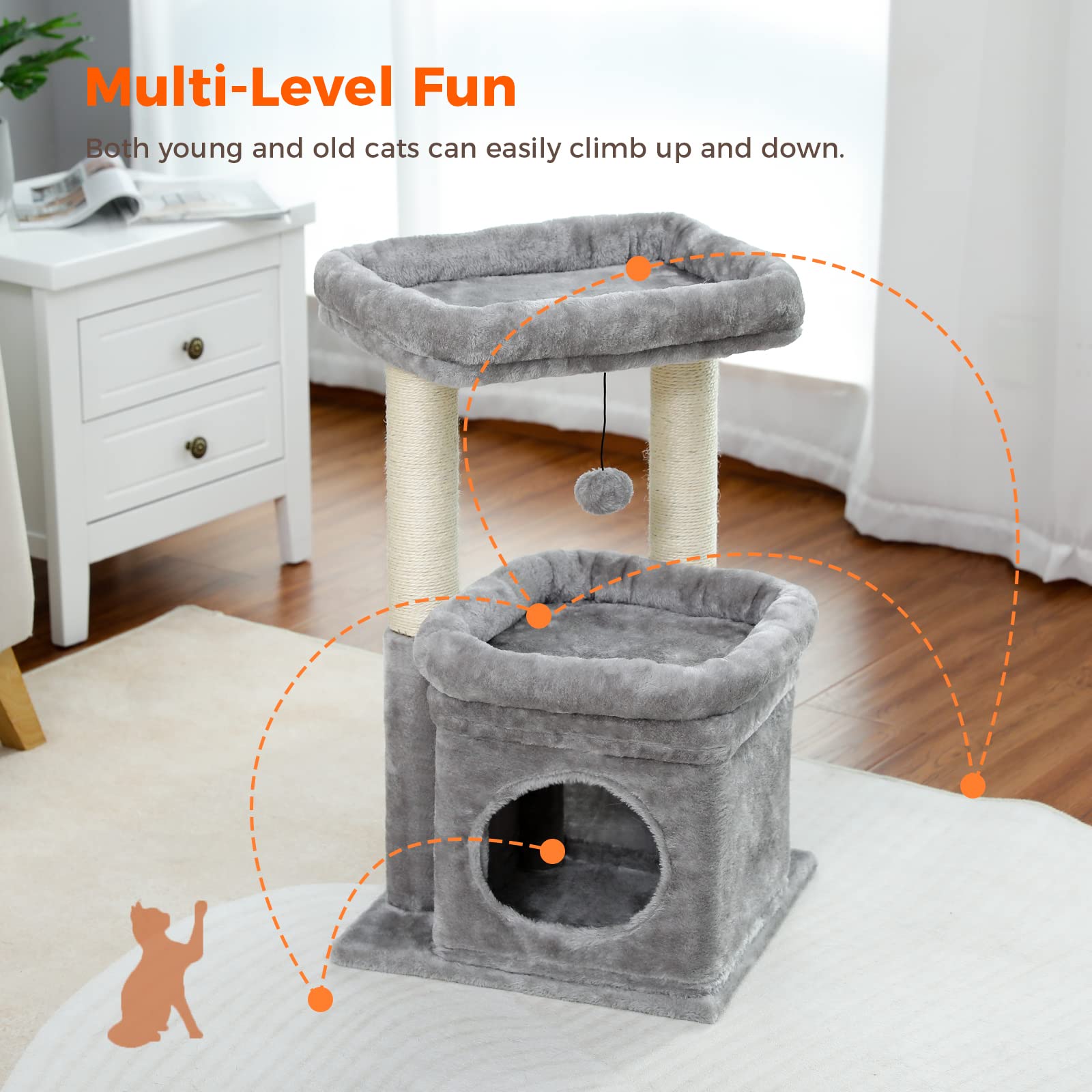 PAWZ Road Multi-Level Cat Tree with Sisal Scratching Post, Soft Cat Condo & Plush Pompom - Grey Indoor Cat Tower for Play, Rest & Climbing | Perfect for Small Spaces & Kitty Exercise