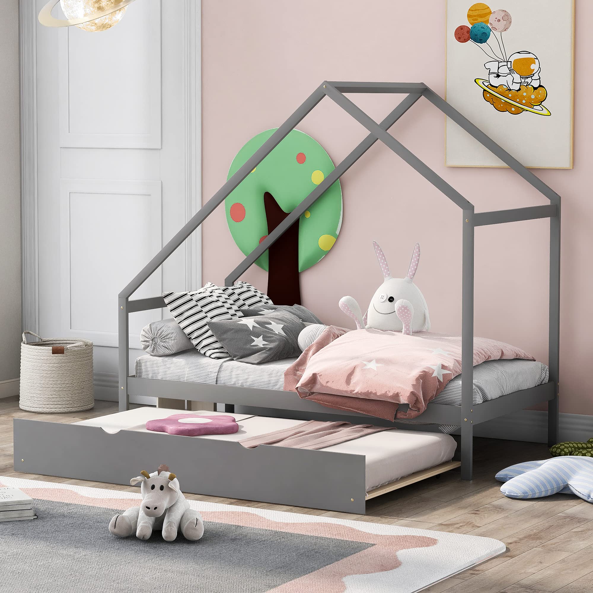 Harper & Bright Designs Twin Size Wooden House Bed Frame for Kids with Trundle - No Box Spring Needed, Grey - Perfect for Kids' Bedrooms, Playrooms & Sleepovers