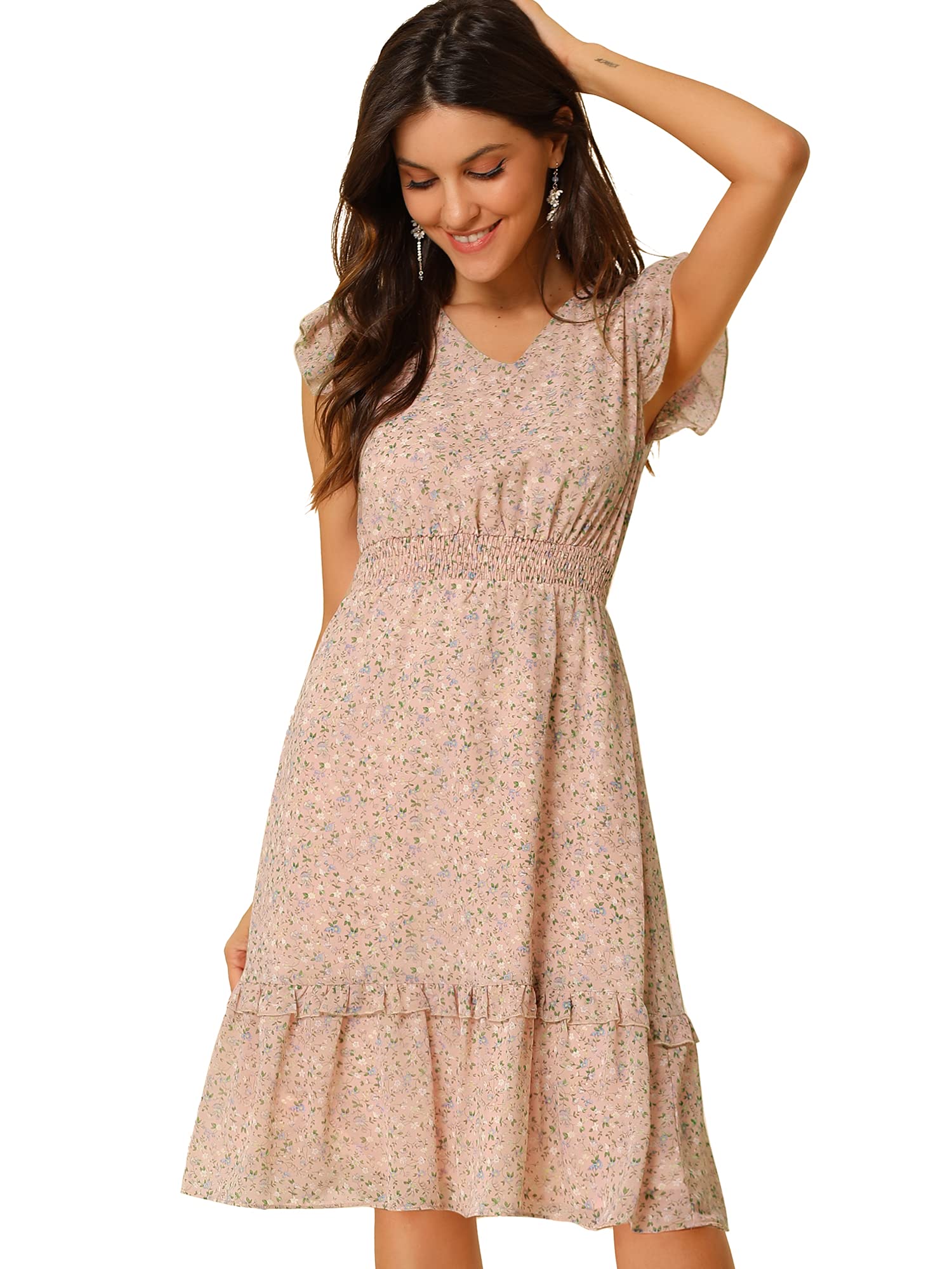 Allegra K Women's Floral Print Summer Dress with Flutter Sleeves, V-Neck & Smocked Waist - Perfect for Beach Vacations, Garden Parties & Date Nights