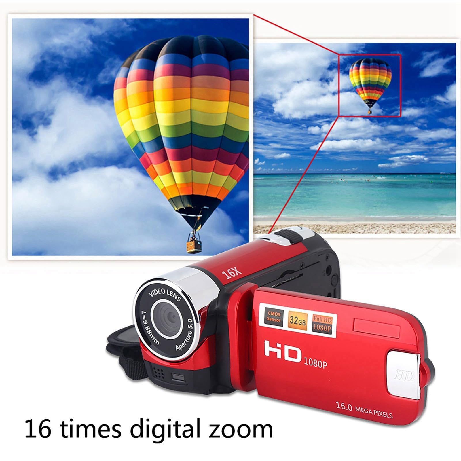 FHD Handheld Video Camcorder with 16x Digital Zoom & 270° Rotatable Screen - Portable Digital Camera with CMOS Sensor & Built-in Speaker - Perfect for Kids, Vlogging & Home Videos (Red)
