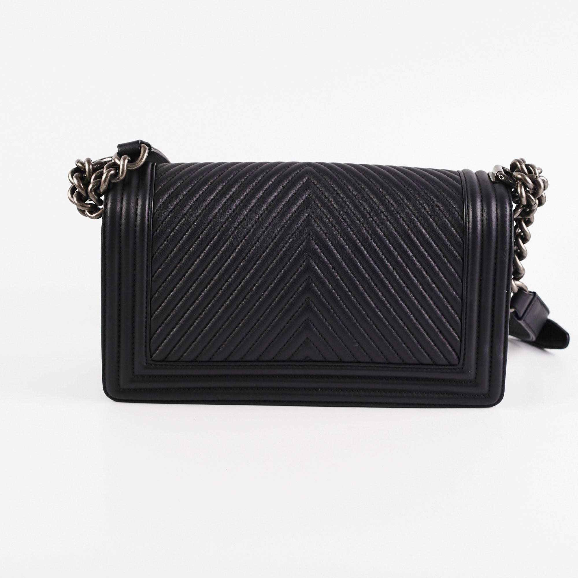 Chanel Old Medium Boy Chevron Black Leather Handbag - Luxury Designer Crossbody Bag for Women | Perfect for Evening Events, Parties & Date Nights
