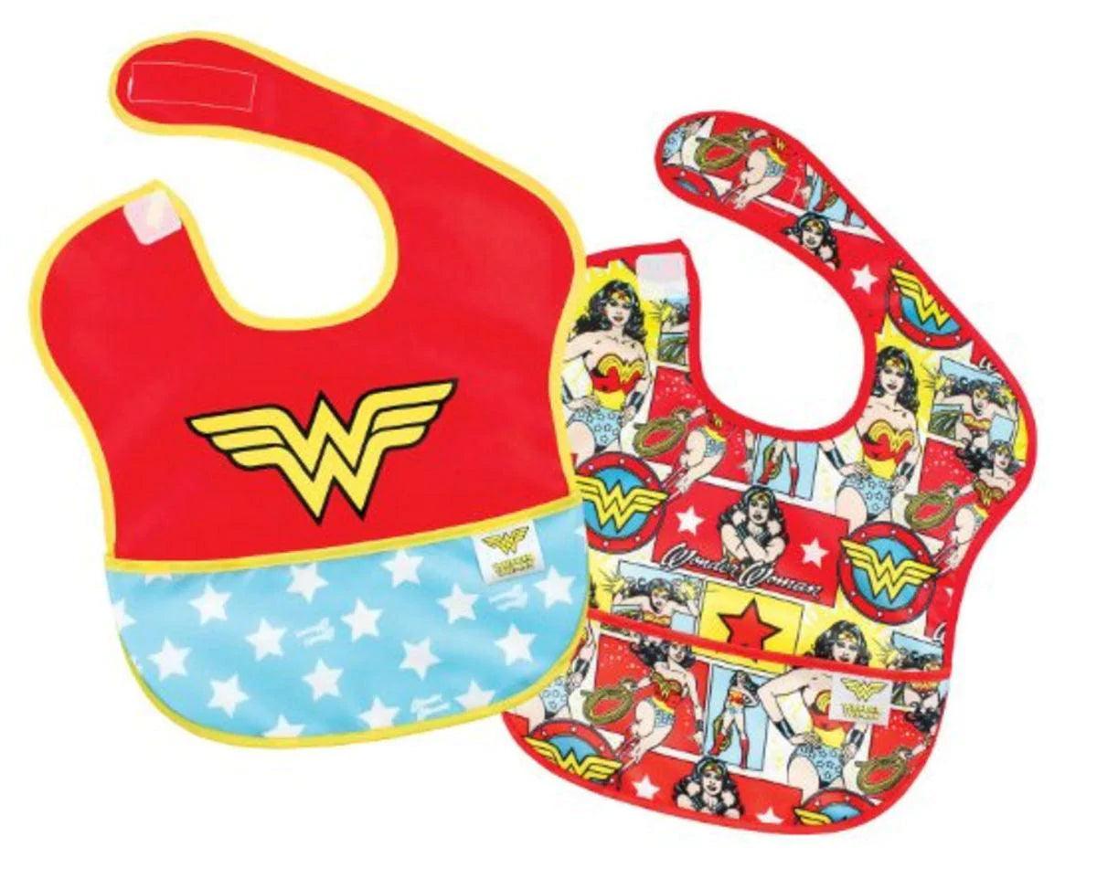 Bumkins Wonder Woman Super Bibs - 2 Pack Baby Feeding Bibs for Girls & Boys, Soft & Waterproof - Perfect for Mealtime, Daycare, and Travel