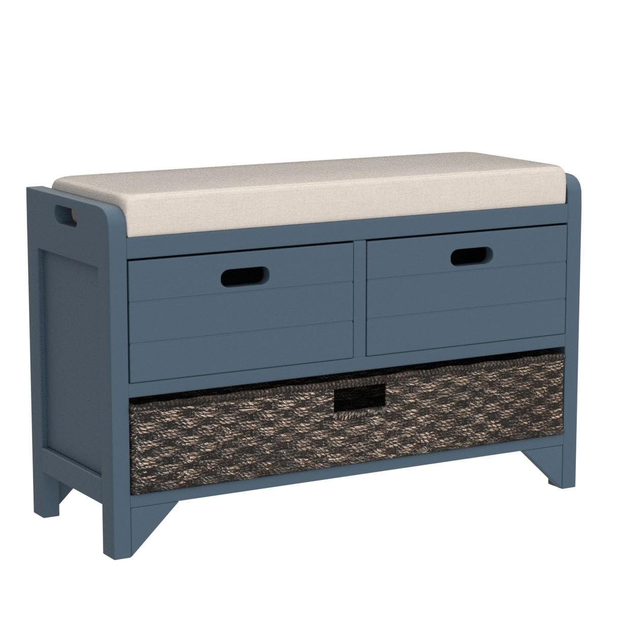 P PURLOVE Entryway Storage Bench with 2 Drawers & Removable Basket - Shoe Bench with Cushion for Hallway, Living Room, Bedroom - Fully Assembled Navy Blue - Perfect for Organizing Shoes, Coats & Home Decor