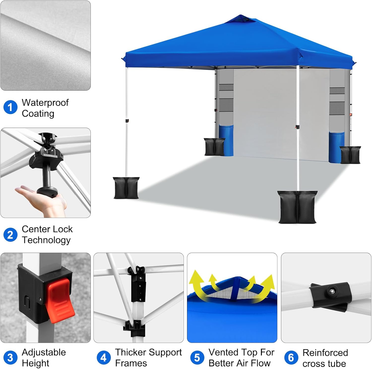 WEIZE 10x10 Pop Up Canopy Tent - Instant One-Button Setup Gazebo with Adjustable Height, 1 Sidewall & 6 Storage Pockets | Includes 4 Weight Bags | Portable Sun Shelter for Outdoor Events, Beach Parties, Camping & Backyard Gatherings | Blue