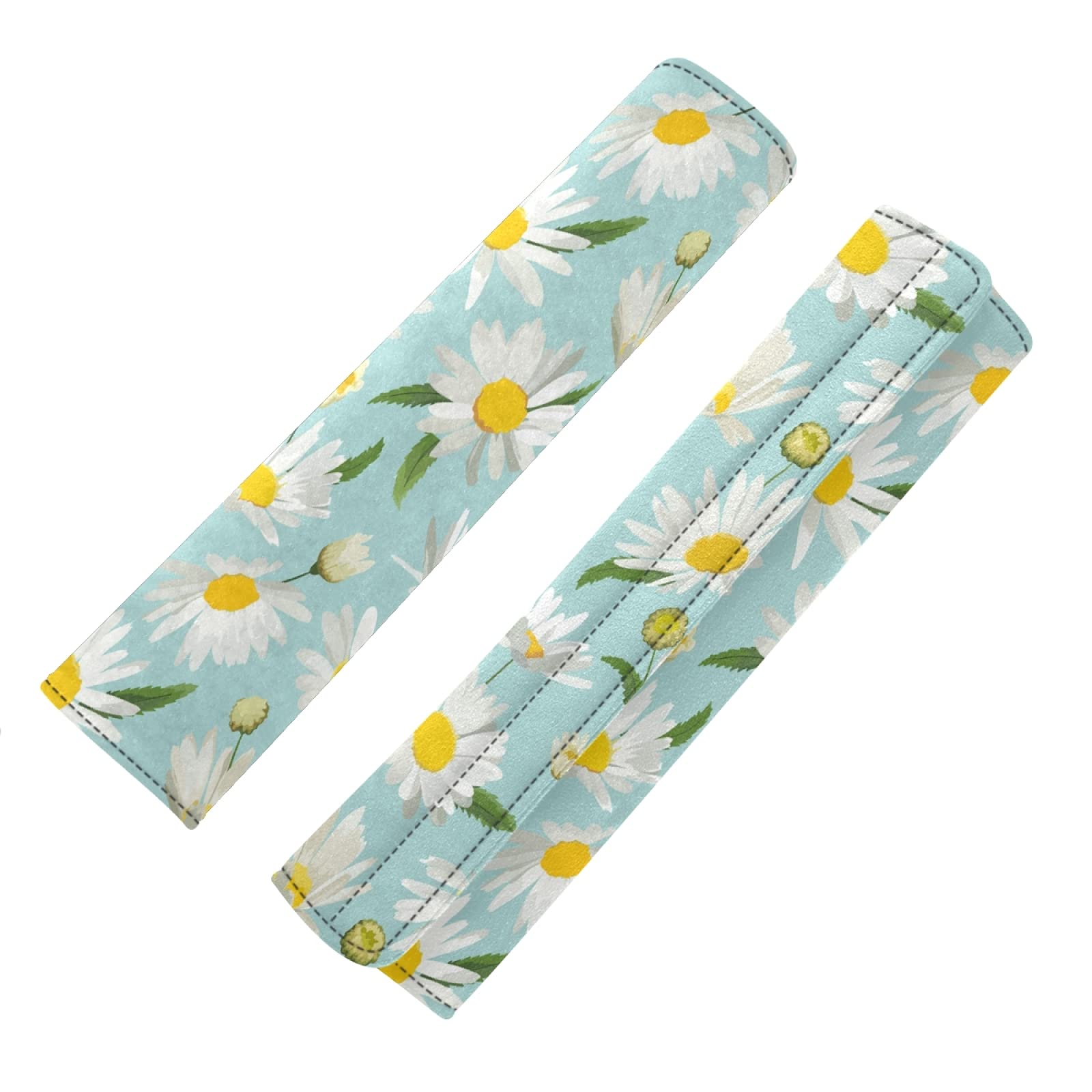 White Daisy Flowers with Green Leaves Seamless Turquoise Adjustable Car Seat Belt Pad Cover - Universal Shoulder Strap Cushion for Adults & Kids - Comfortable Driving Accessory for Long Trips & Daily Commutes