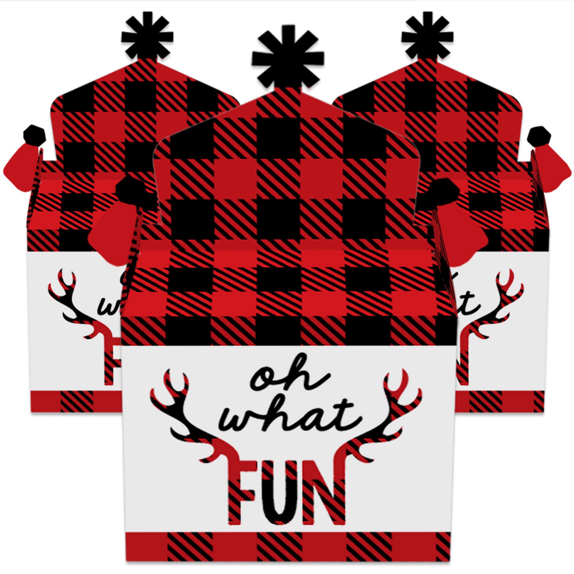 Big Dot of Happiness Prancing Plaid Treat Box Party Favors - Set of 12 Reindeer Holiday & Christmas Goodie Gable Boxes - Perfect for Holiday Parties, Office Gifts & Festive Celebrations