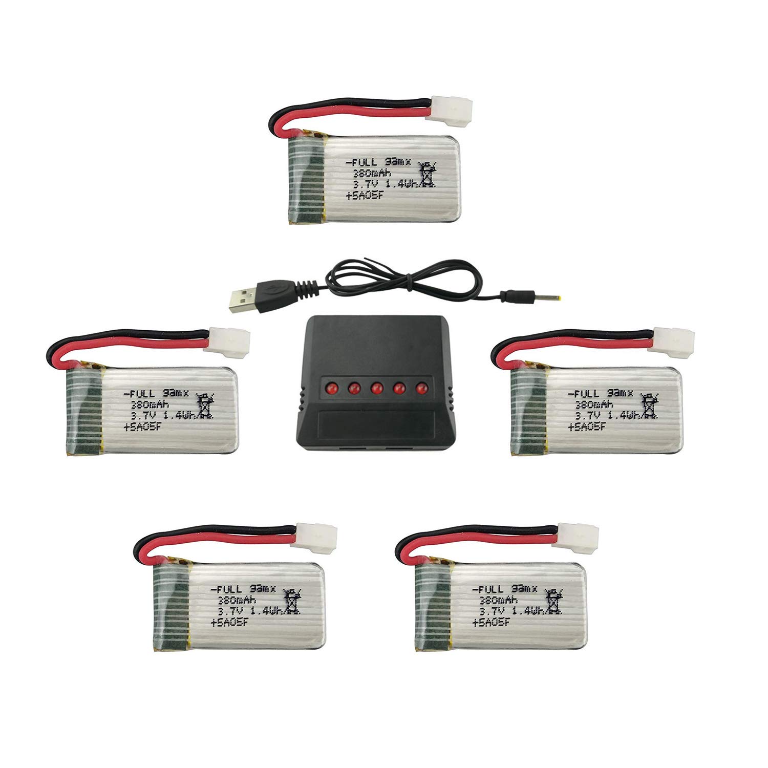 5PCS 3.7V 380mAh LiPo Batteries with 5-in-1 Charger for Hubsan X4 H107 H107C H107L Syma X11 X11C HS170 HS170C F180C HS170G TOZO Q2020 E016H E016F RC Drones - Perfect for Extended Flight Time and Quick Charging of Mini Quadcopters