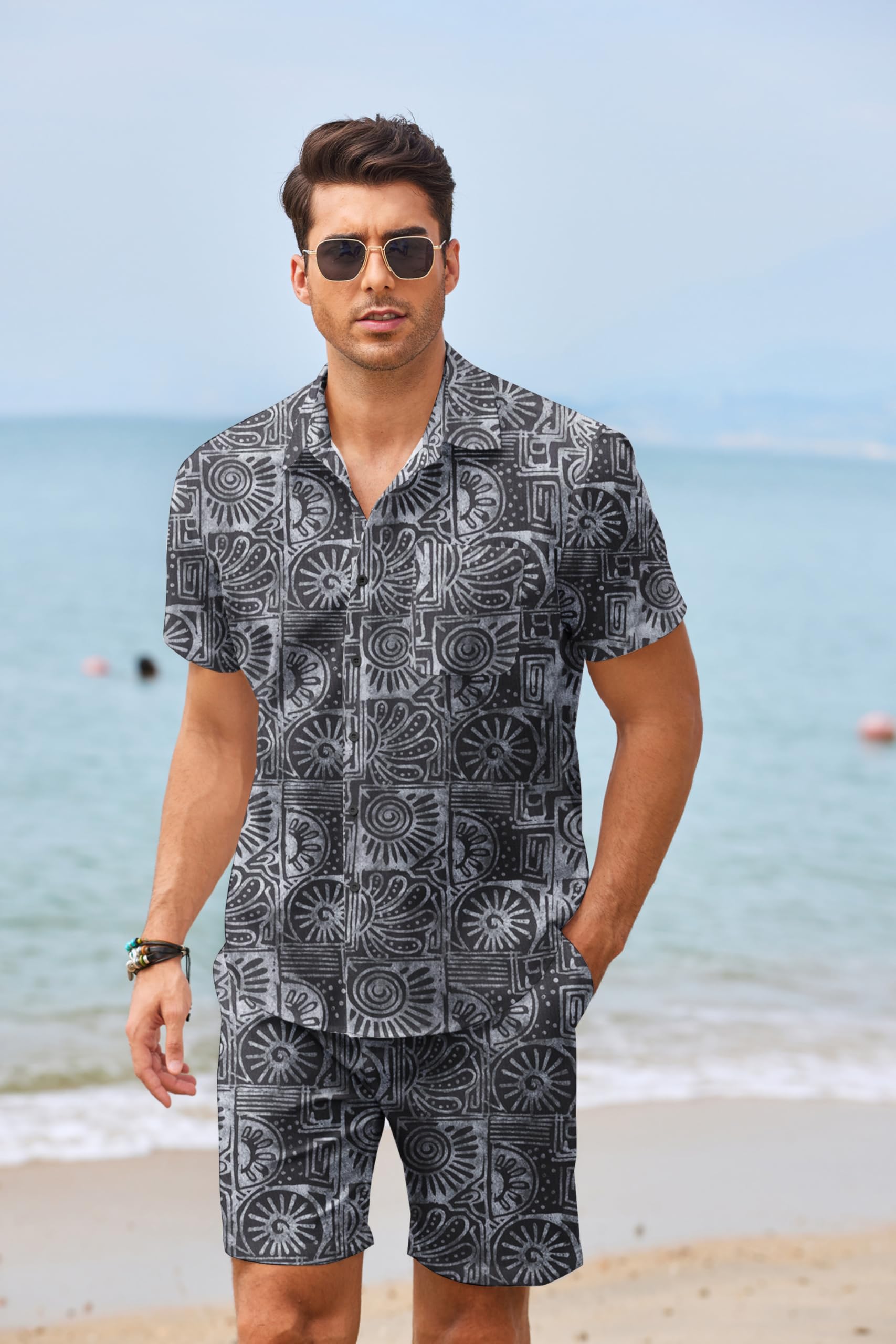 COOFANDY Men's Hawaiian Floral Print 2-Piece Outfit - Matching Summer Beach Shirt & Shorts Set | Tropical Vacation, Pool Party, Casual Wear