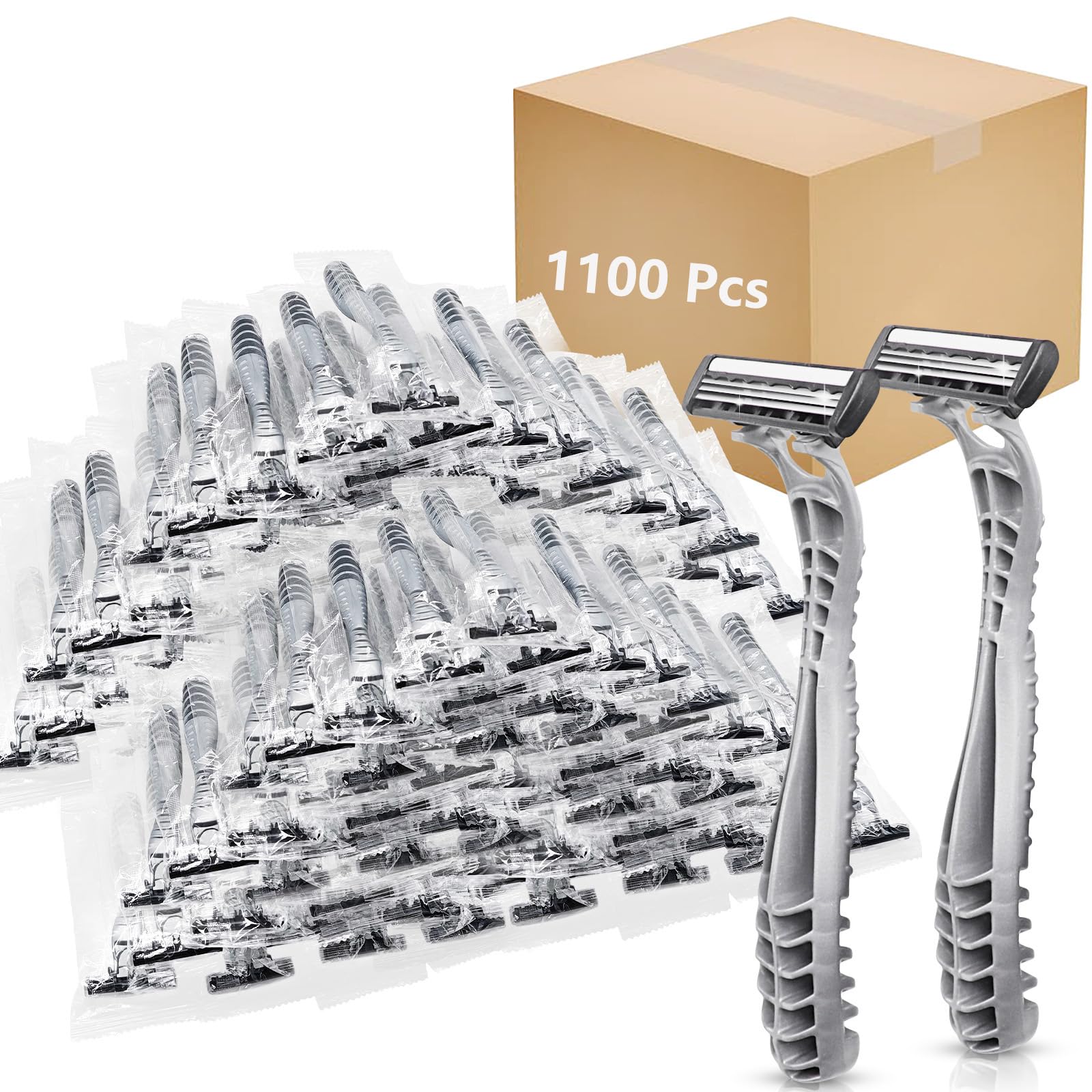 1100 Pcs Kheoxusa 3-Blade Disposable Razors - Individually Wrapped Triple Blade Razors for Men & Women | Perfect for Travel, Hotels, Airbnb, Tattoo Shops & Grooming Kits | Silver