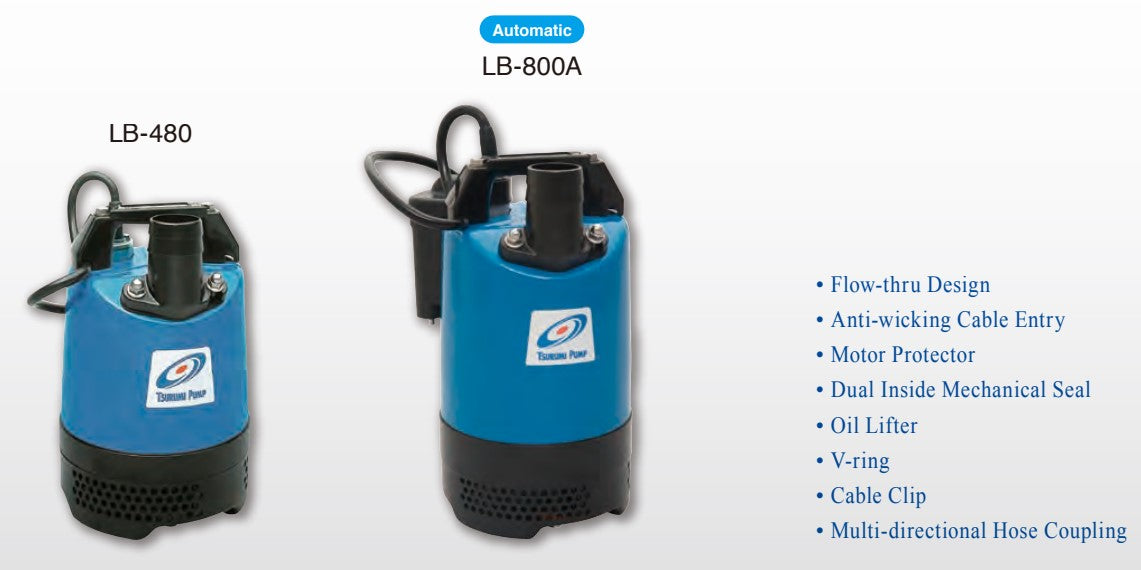 Tsurumi LB 800 0.75kW Single Phase Portable Submersible Drainage Pump with Semi Vortex Impeller (Max 330LPM/150kPa) - Ideal for Basement Flooding, Construction Sites & Pool Drainage