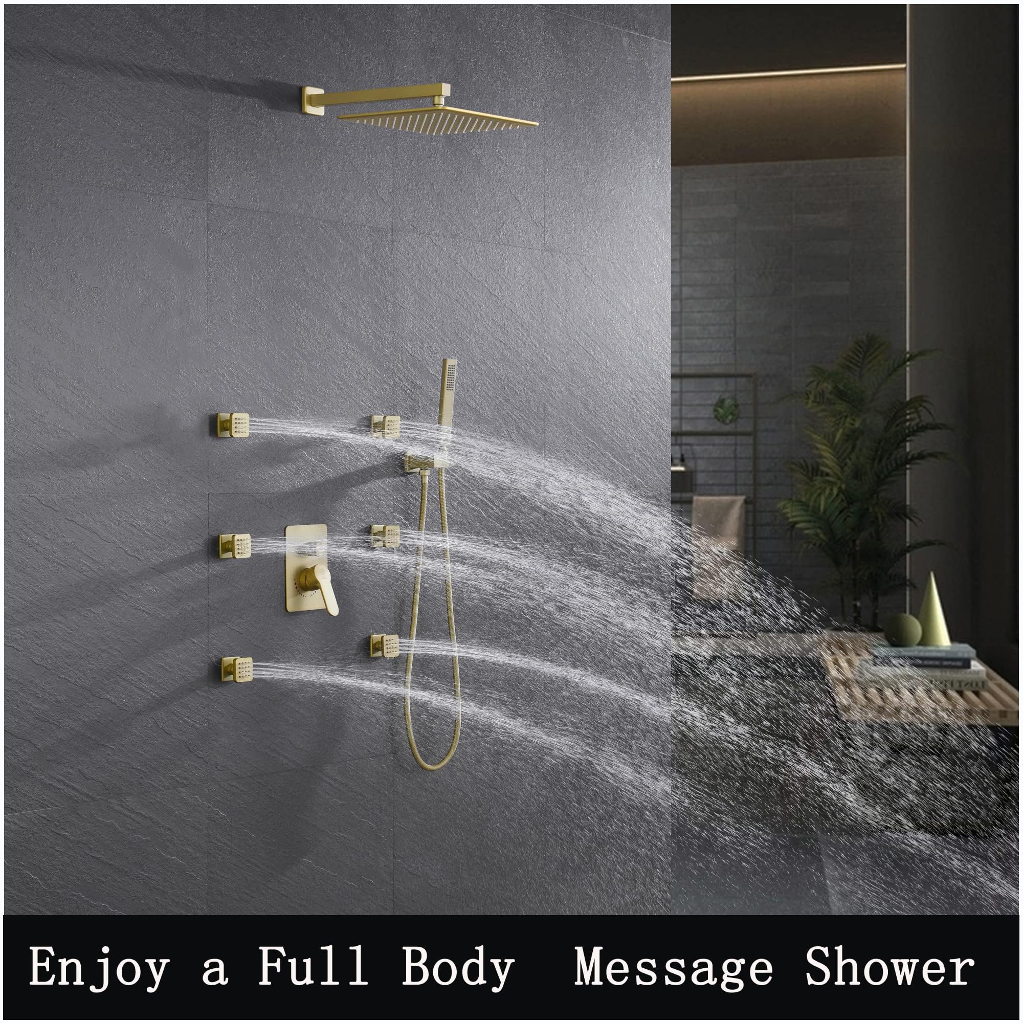 Gold Rain Shower System Set - 10 Inch Wall Mount Shower Head with 6 Body Spray Jets & Handheld Spray - Complete with Rough-in Mixer Valve Trim Kit - Luxury Bathroom Upgrade for Spa-like Experience