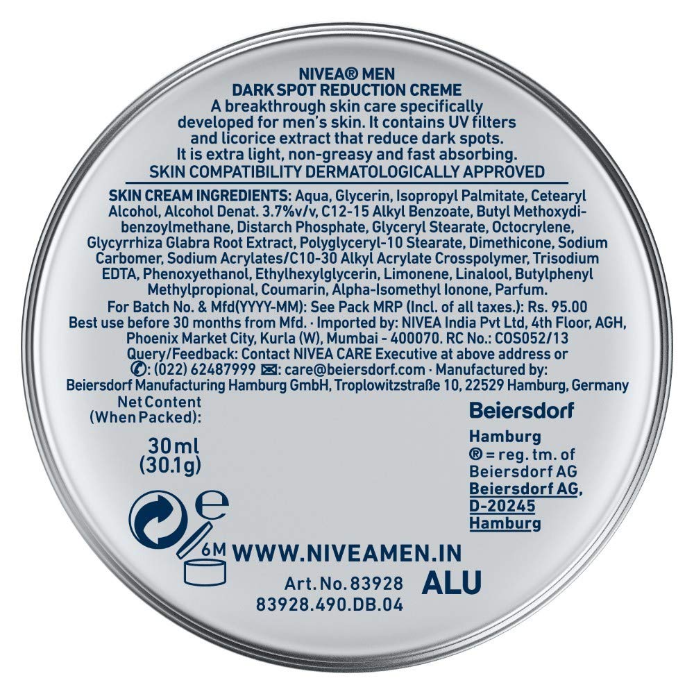 Nivea Men Dark Spot Reduction Cream with UV Protection - Non-Greasy Moisturizer for Face (30ml) - Brightens Skin & Prevents Sun Damage | Ideal for Daily Skincare Routine & Travel