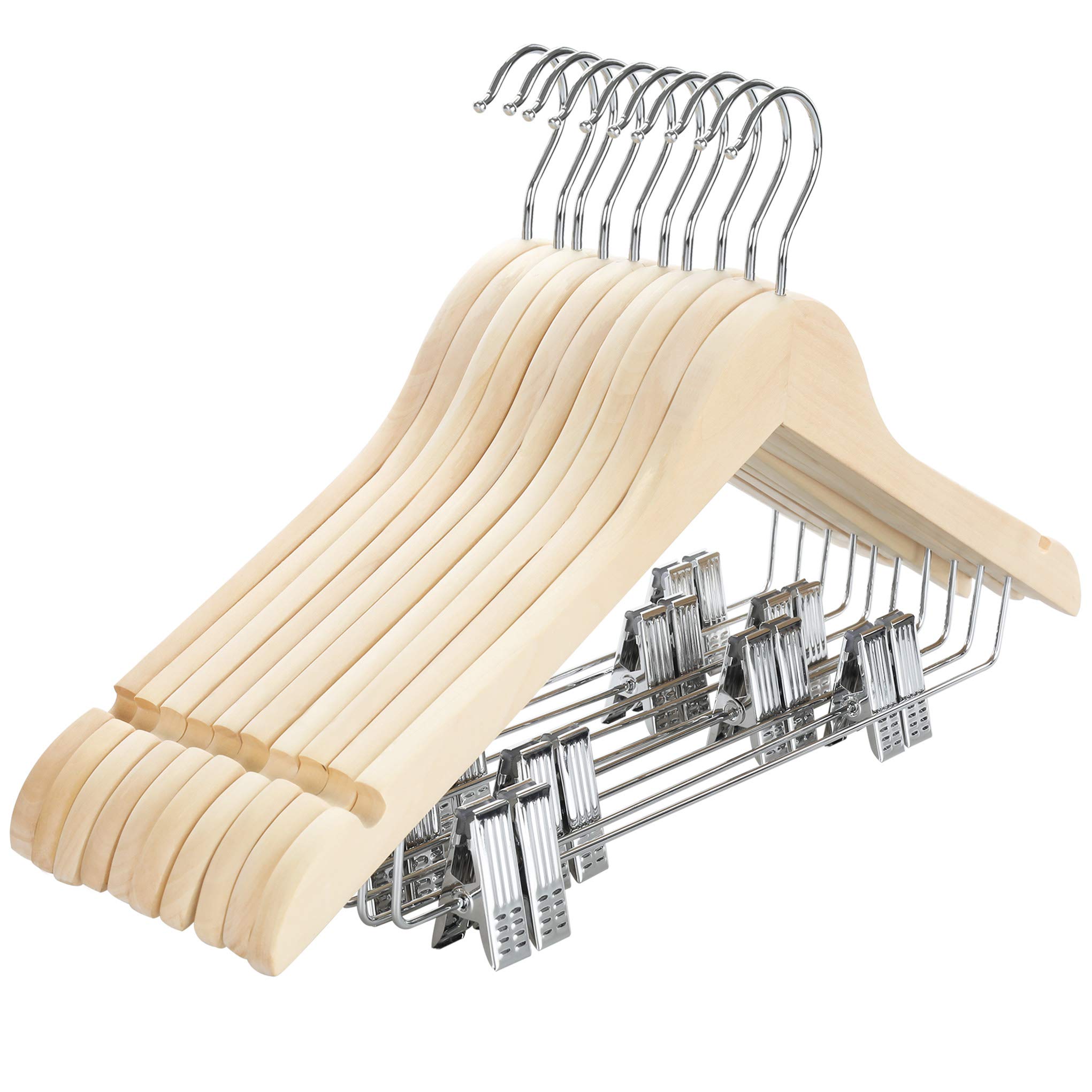 Premium Adjustable Wooden Clothes Hangers with Metal Clips & 360° Swivel Hook - 10 Pack for Suits, Pants, Skirts, Jackets & Coats | Durable Unfinished Wood Hangers for Closet Organization & Wardrobe Storage (CT28U)