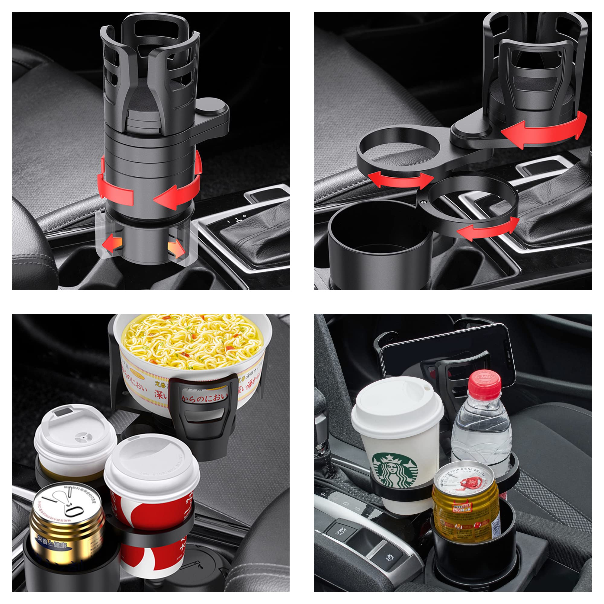 4 in 1 Car Cup Holder Extender - Multifunctional Car Organizer for Drinks, Bottles & Cups - Universal Vehicle Interior Accessories - Perfect for Road Trips, Commuting & Family Travel