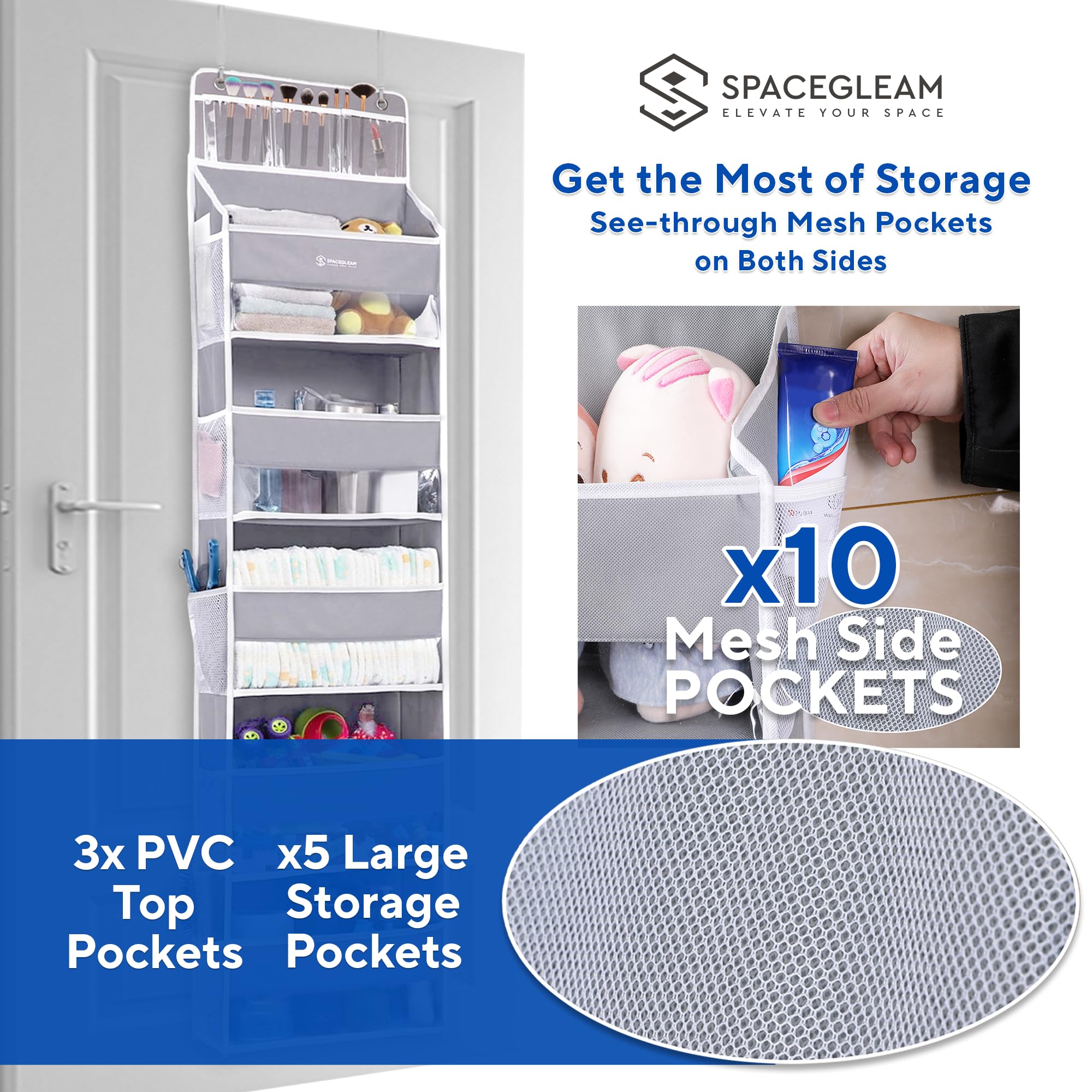 1 Pack Over Door Organizer with 5 Large Pockets & 10 Mesh Side Pockets - Hanging Storage Organizer with Clear Window for Kids Toys, Shoes, Diapers - Grey 5-Layer Space-Saving Solution for Nursery, Closet & Bathroom Organization