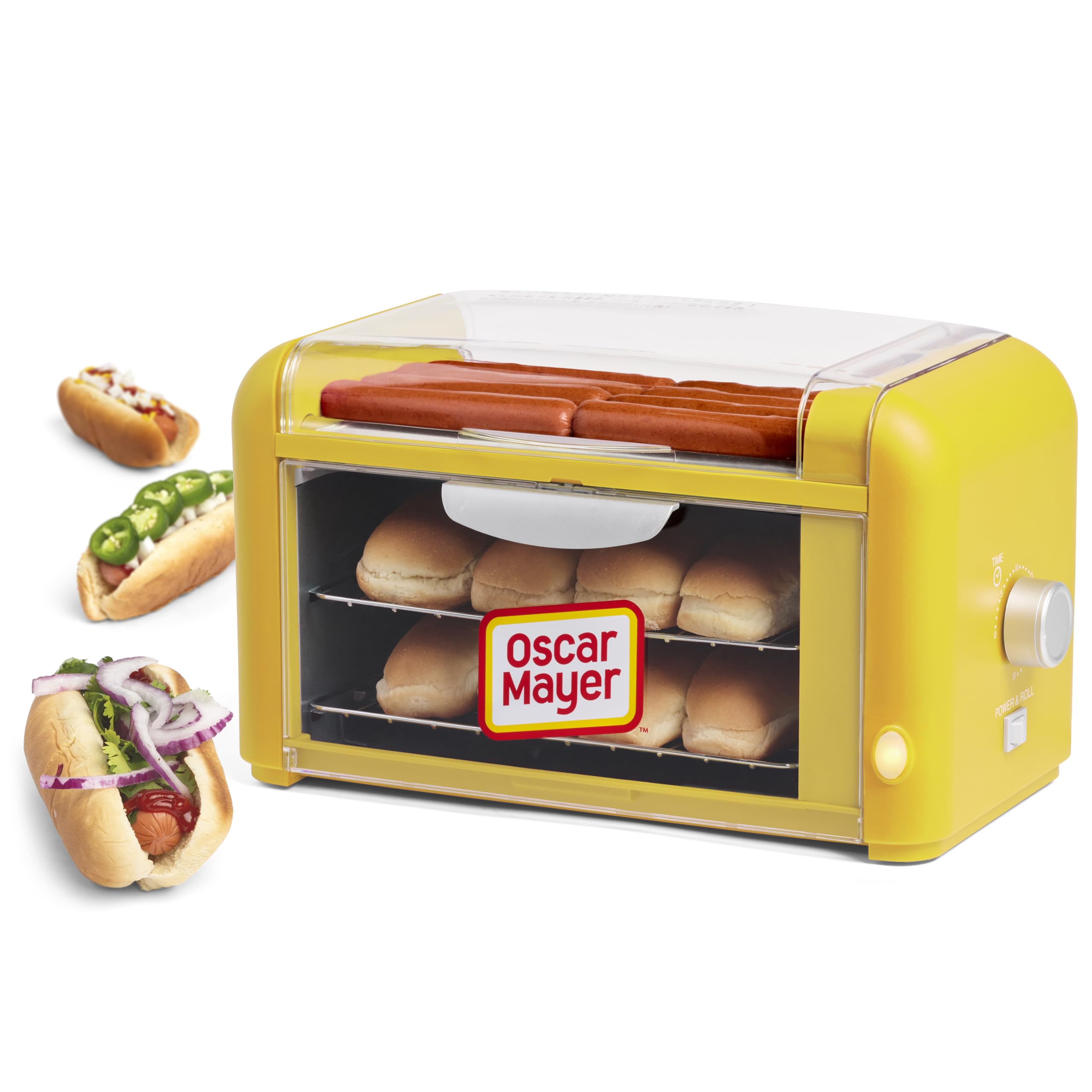 **Nostalgia Oscar Mayer Extra Large 8 Hot Dog Roller & Bun Toaster Oven - Stainless Steel Rollers, Non-Stick Warming Racks - Adjustable Timer - Perfect for Parties, Carnivals & Home Use**