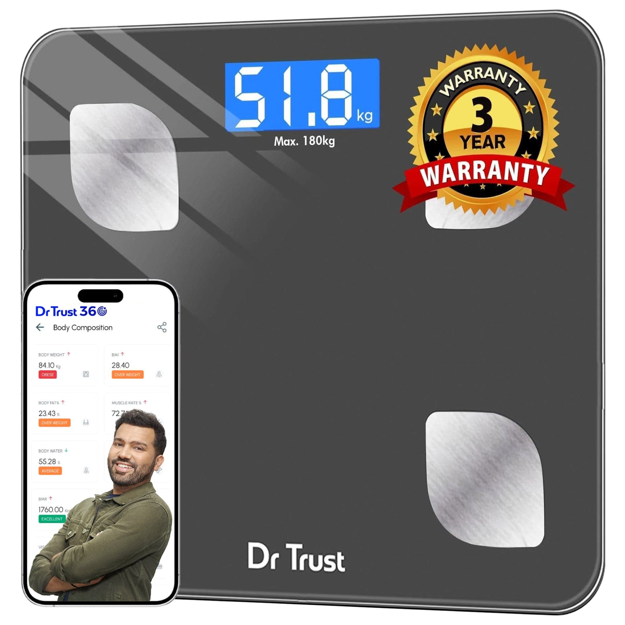 Dr Trust USA Smart Digital Body Fat Scale - Rechargeable BMI Weight Scale with Body Composition Analyzer for Muscle, Water, Bone Mass - Perfect for Home & Gym Fitness Tracking